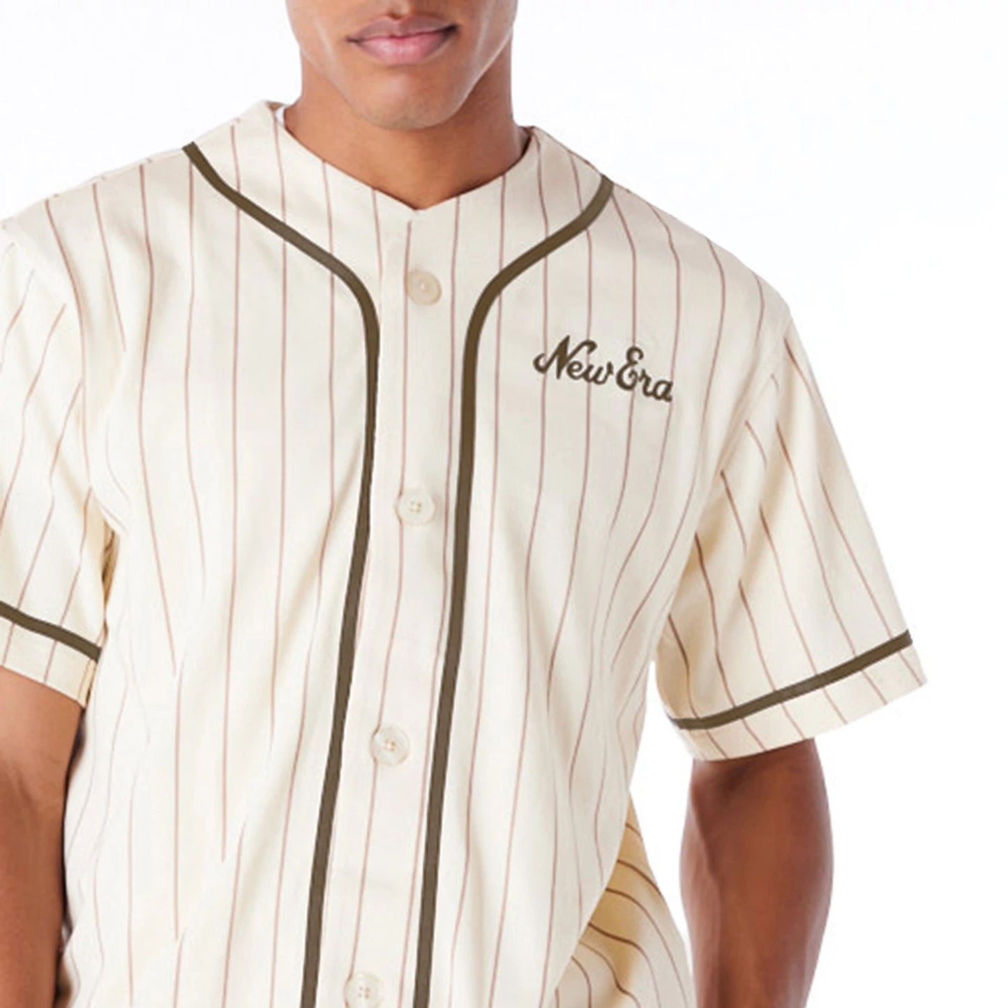 The Male model is wearing New Era Pinstripe Light Beige T-Shirt 4