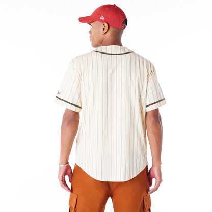 The Male model is wearing New Era Pinstripe Light Beige T-Shirt 8