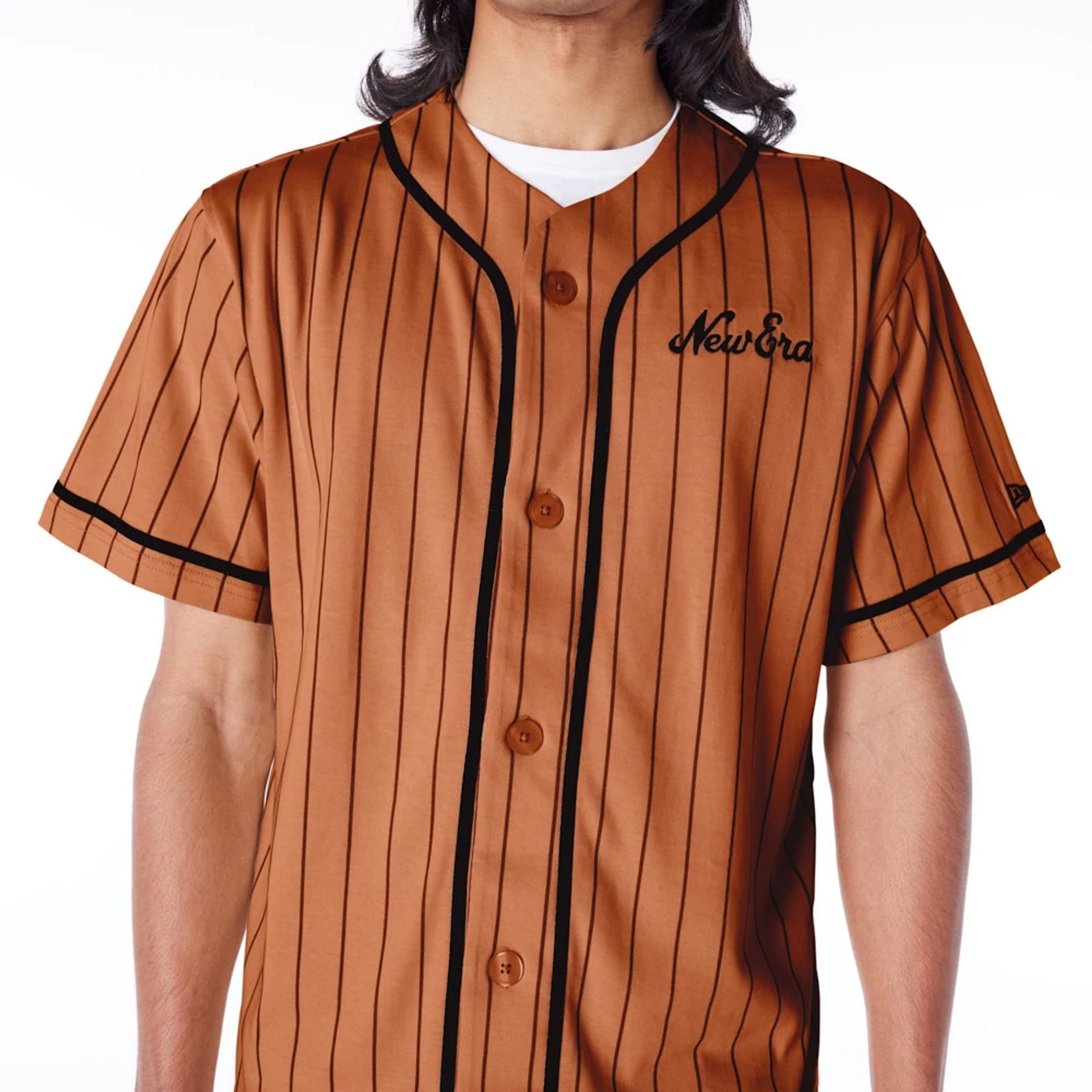 The Male model is wearing New Era Pinstripe Brown T-Shirt 2