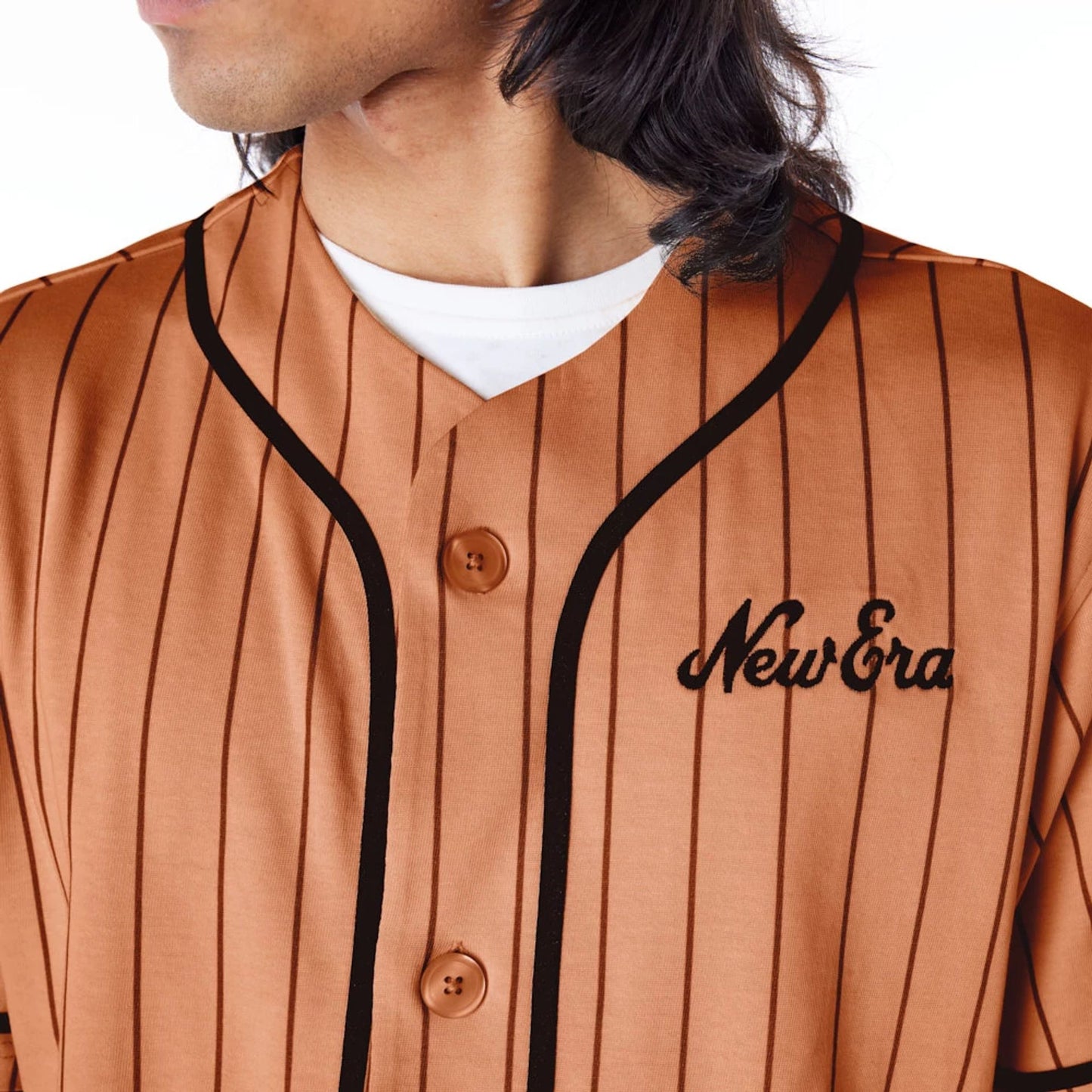 The Male model is wearing New Era Pinstripe Brown T-Shirt 5