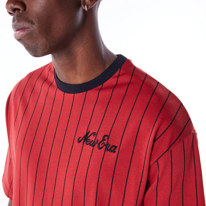 The Male model is wearing New Era Pinstripe Red Oversized T-Shirt 6