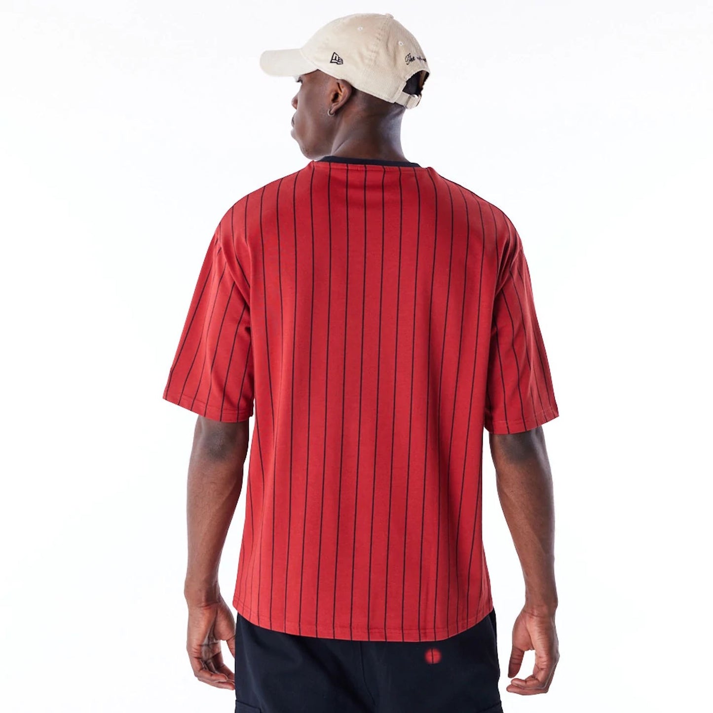 The Male model is wearing New Era Pinstripe Red Oversized T-Shirt 7