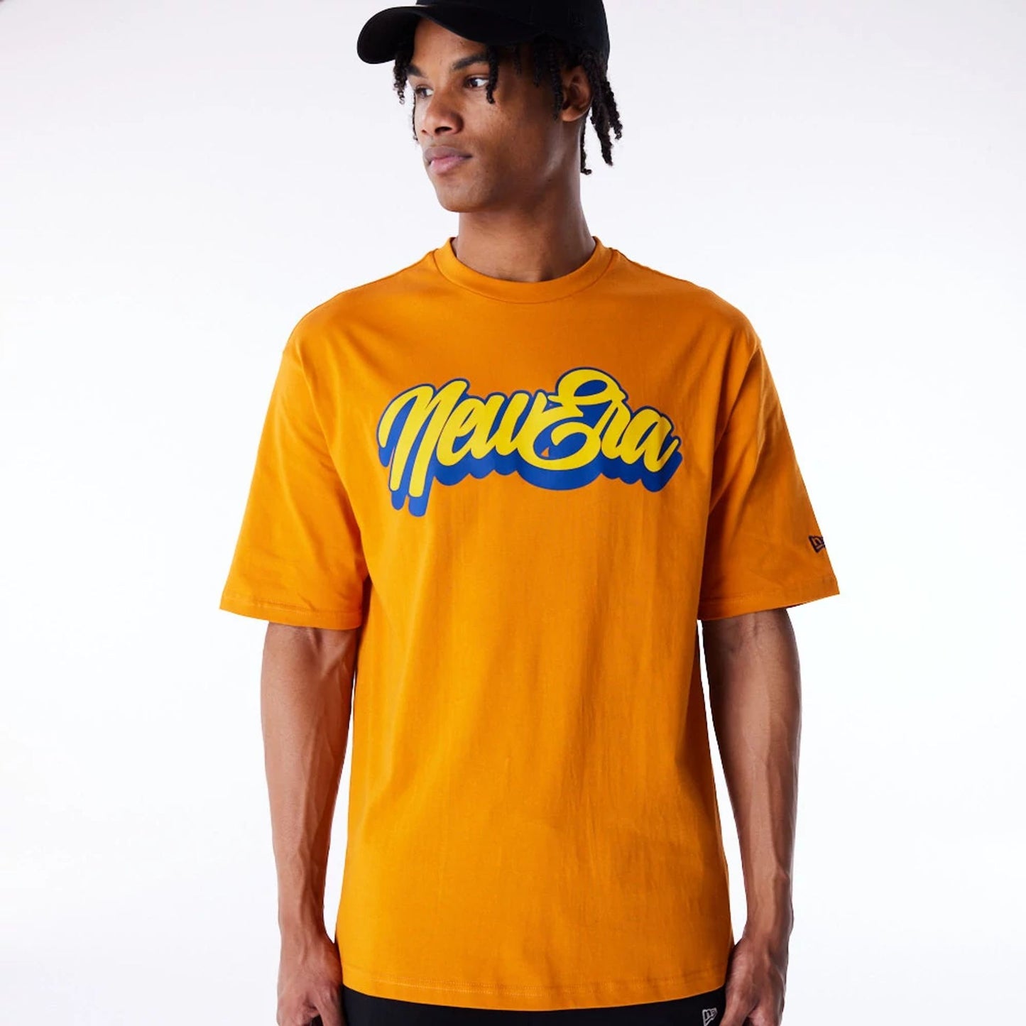 The Male model is wearing New Era Font Graphic Orange Oversized T-Shirt 6