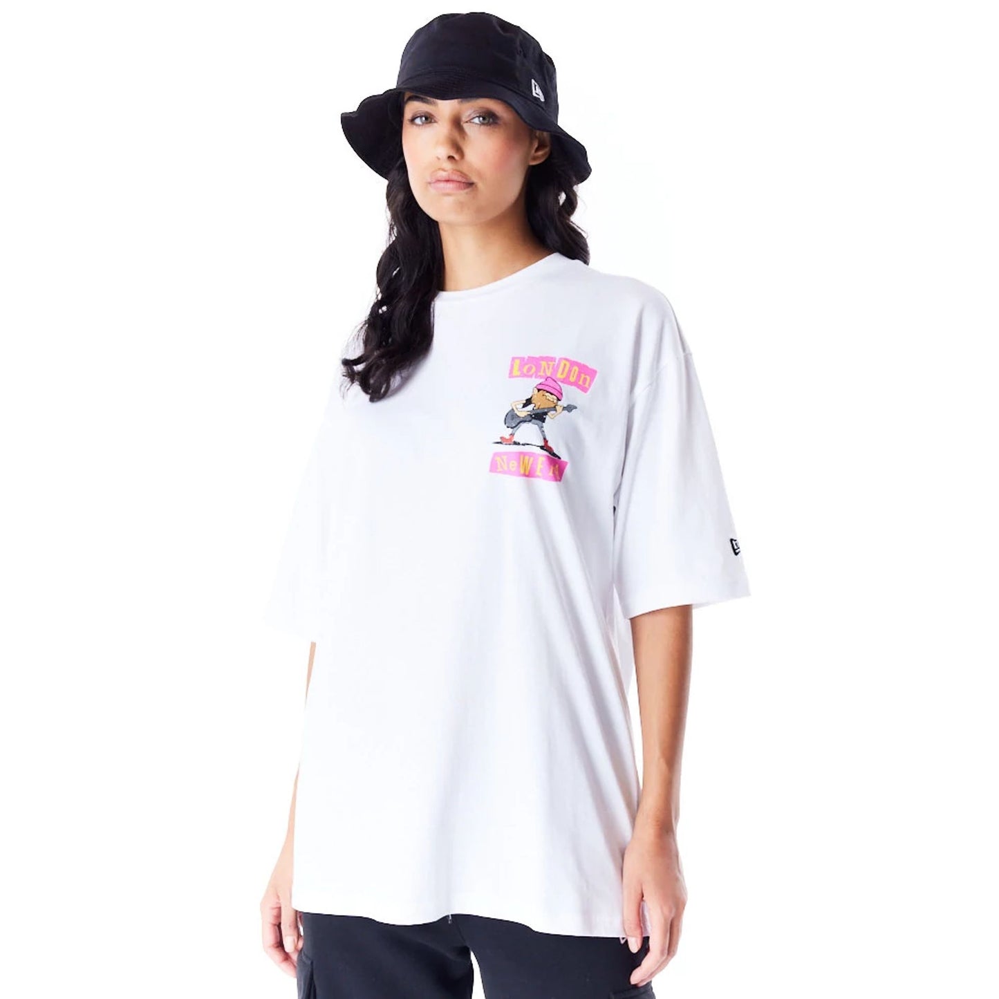 The Male model is wearing New Era Location Graphic London White Oversized T-Shirt 6