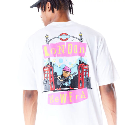 The Male model is wearing New Era Location Graphic London White Oversized T-Shirt 7