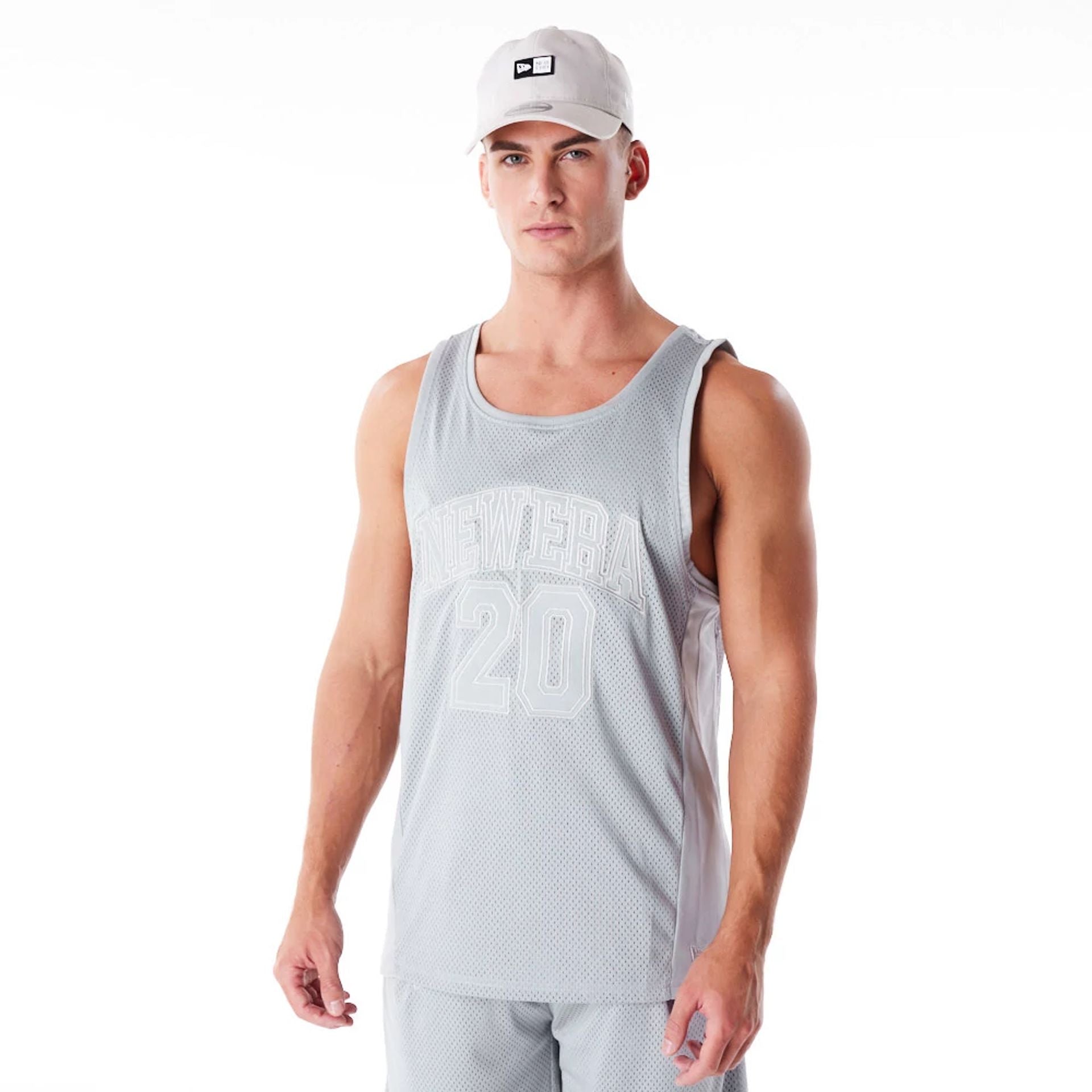 The Male model is wearing New Era Grey Mesh Tank Top 1