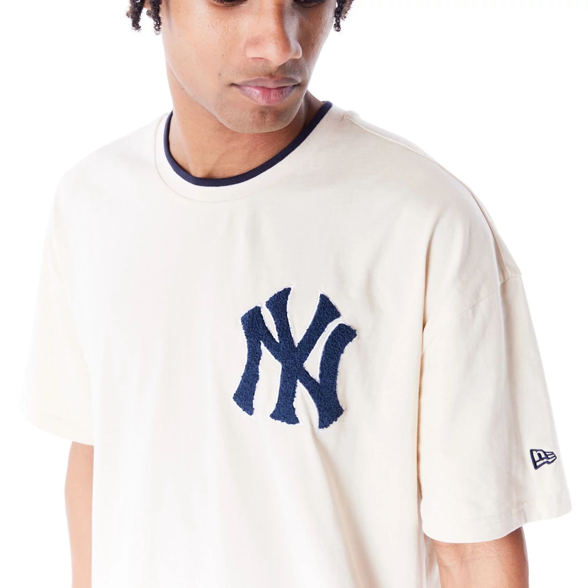 The Male model is wearing New York Yankees World Series Light Beige Drop Shoulder T-Shirt  7