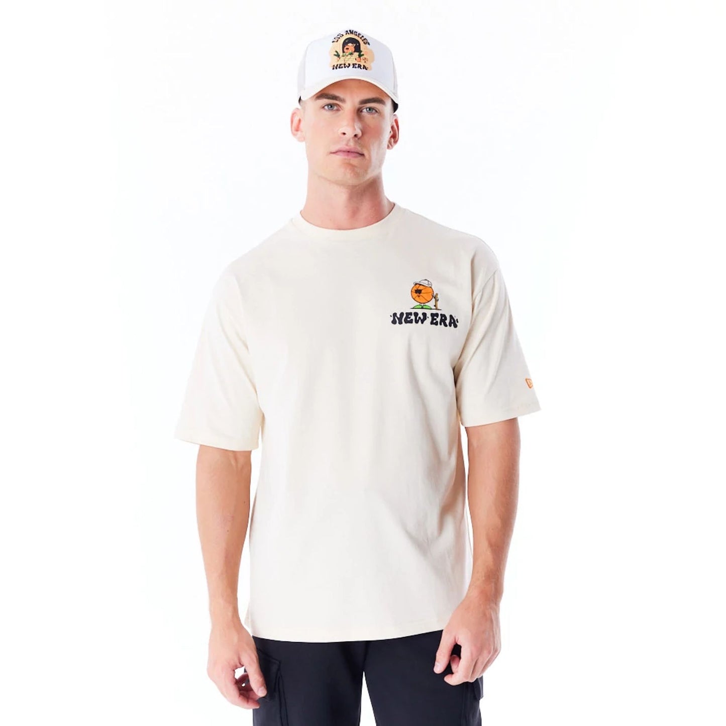 The Male model is wearing New Era Los Angeles City Graphic Stone Oversized T-Shirt 9