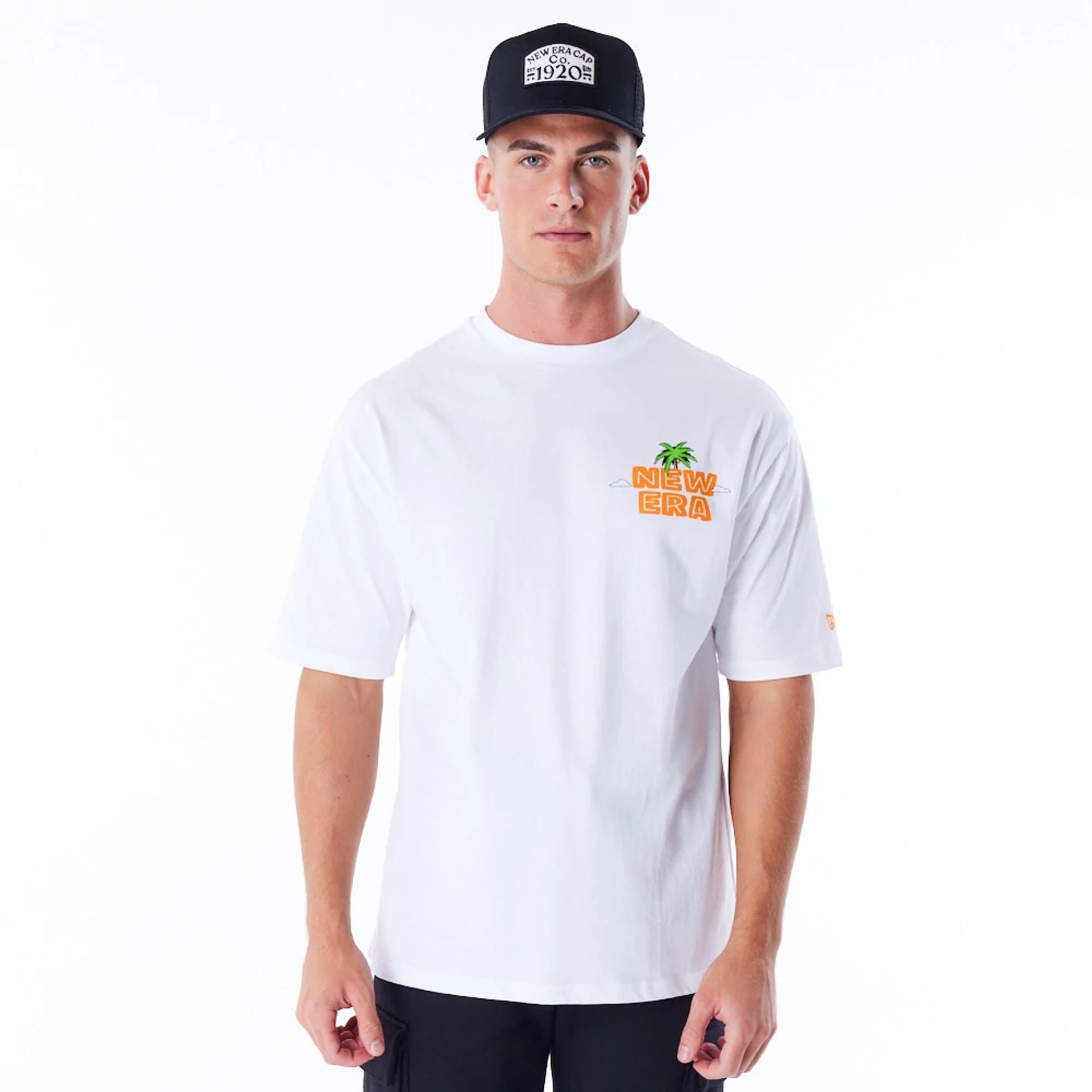 The Male model is wearing New Era Los Angeles City Graphic White Oversized T-Shirt 7