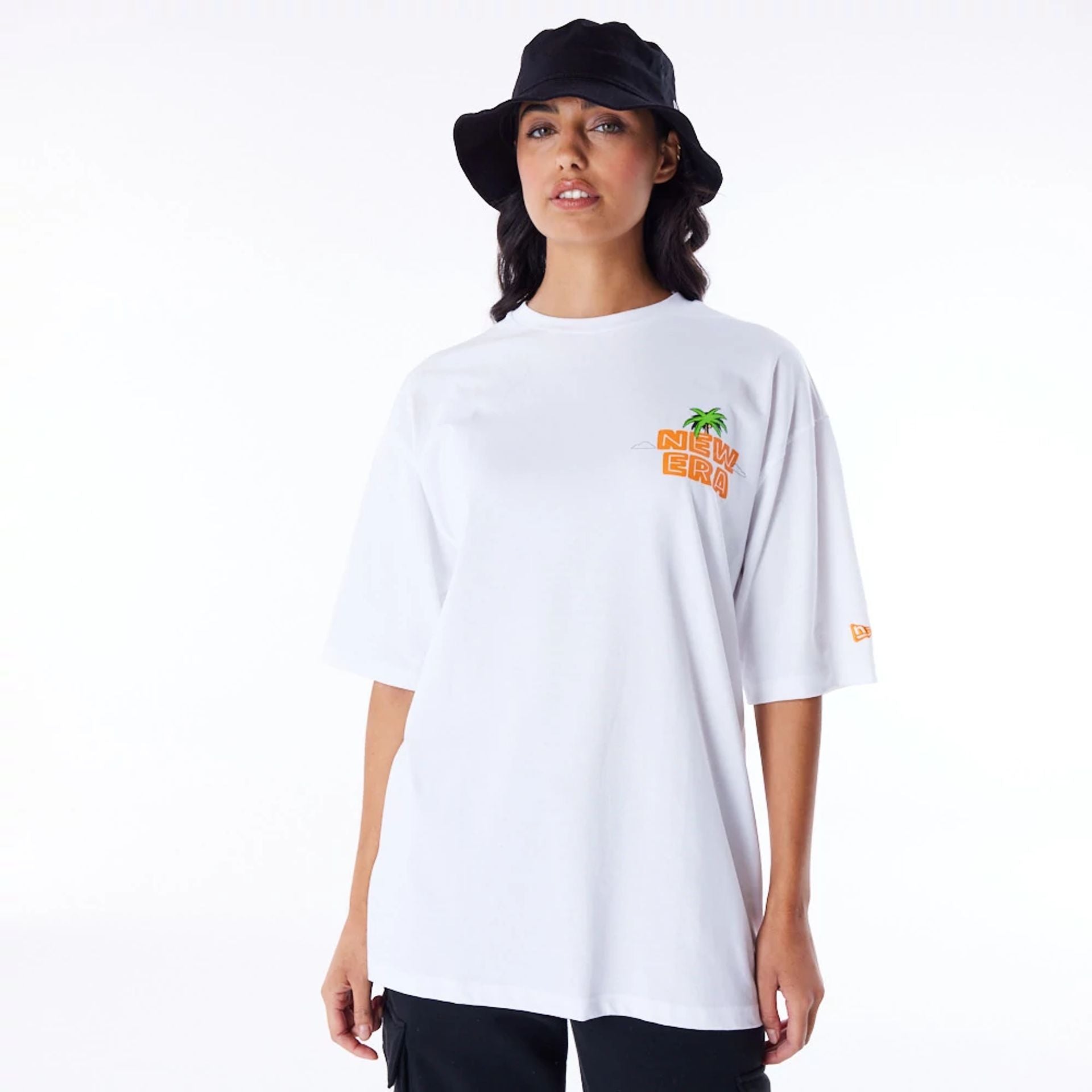 The Male model is wearing New Era Los Angeles City Graphic White Oversized T-Shirt 2