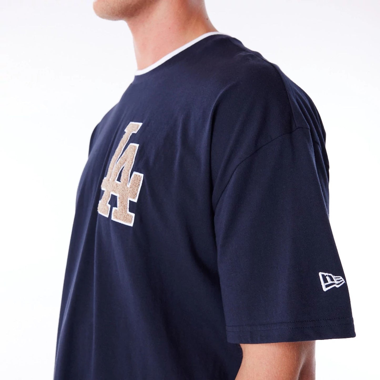 The Male model is wearing LA Dodgers World Series Navy Drop Shoulder T-Shirt  8