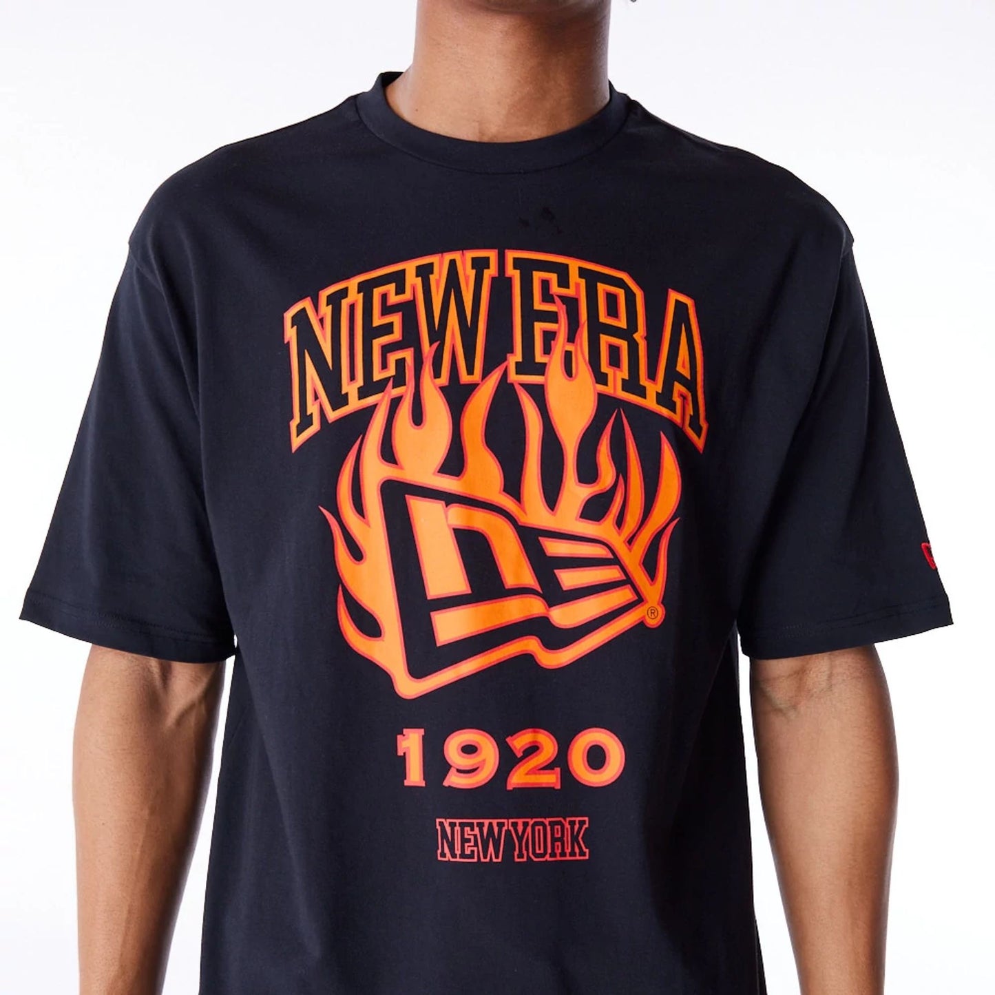 The Male model is wearing New Era Flag Flame Black Oversized T-Shirt 5