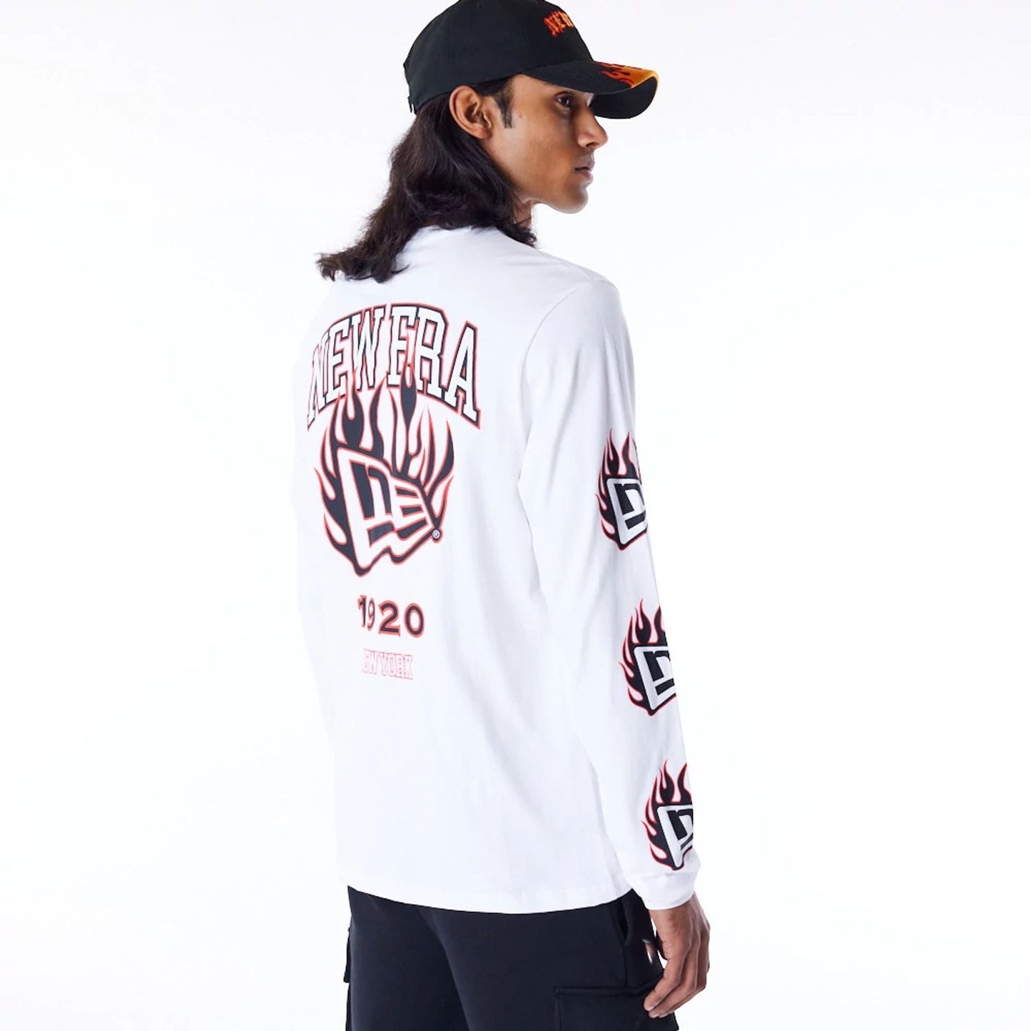 The Male model is wearing New Era Flag Flame White Long Sleeve T-Shirt 5