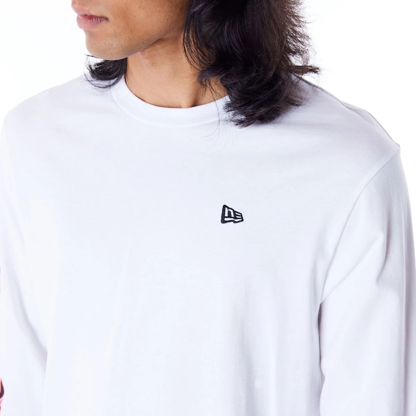 The Male model is wearing New Era Flag Flame White Long Sleeve T-Shirt 2