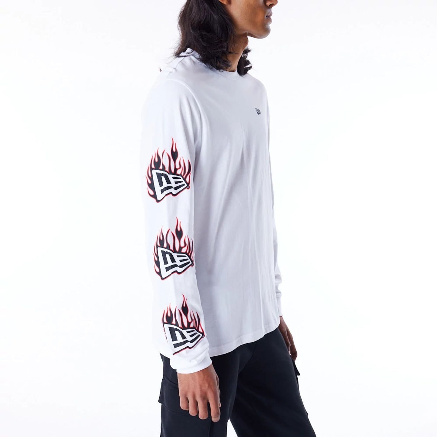 The Male model is wearing New Era Flag Flame White Long Sleeve T-Shirt 3