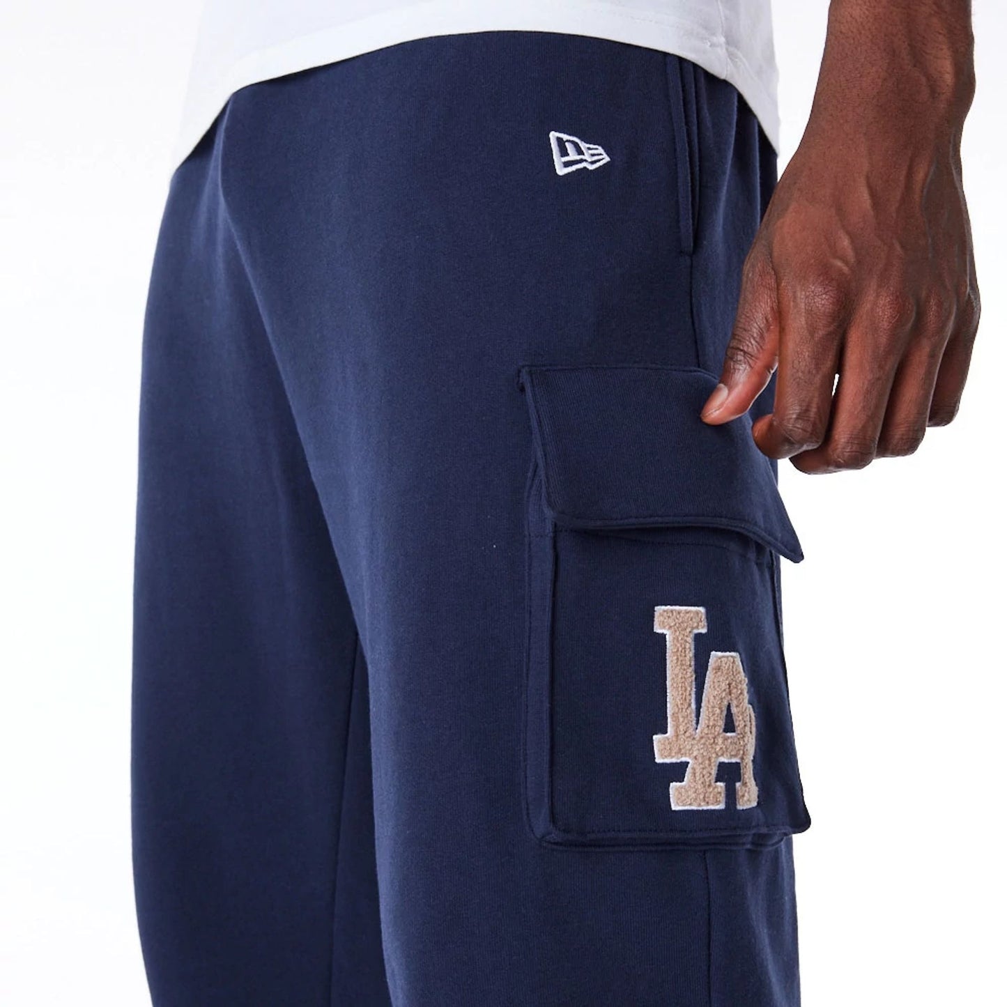 The Male model is wearing LA Dodgers World Series Navy Fleece Cargo Joggers 4