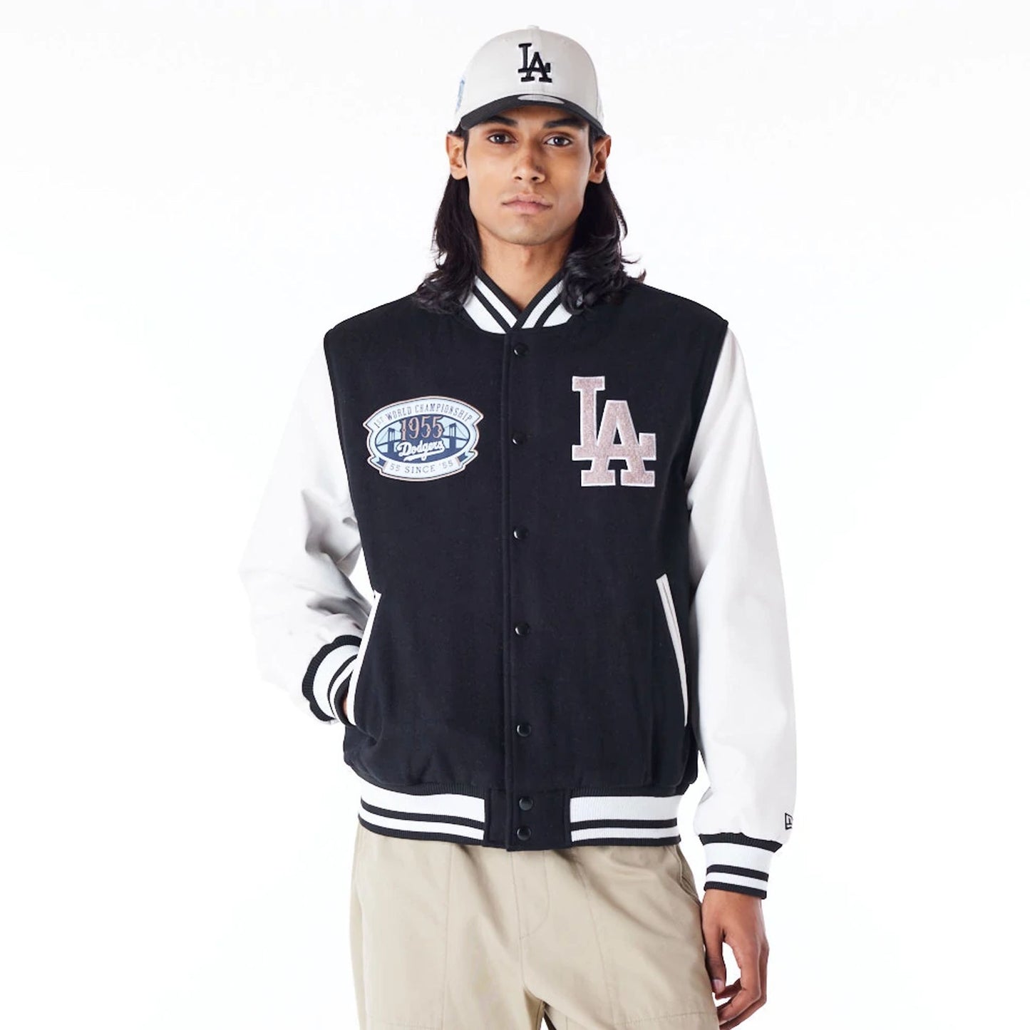 The Male model is wearing LA Dodgers MLB Patch Black Varsity Jacket 10