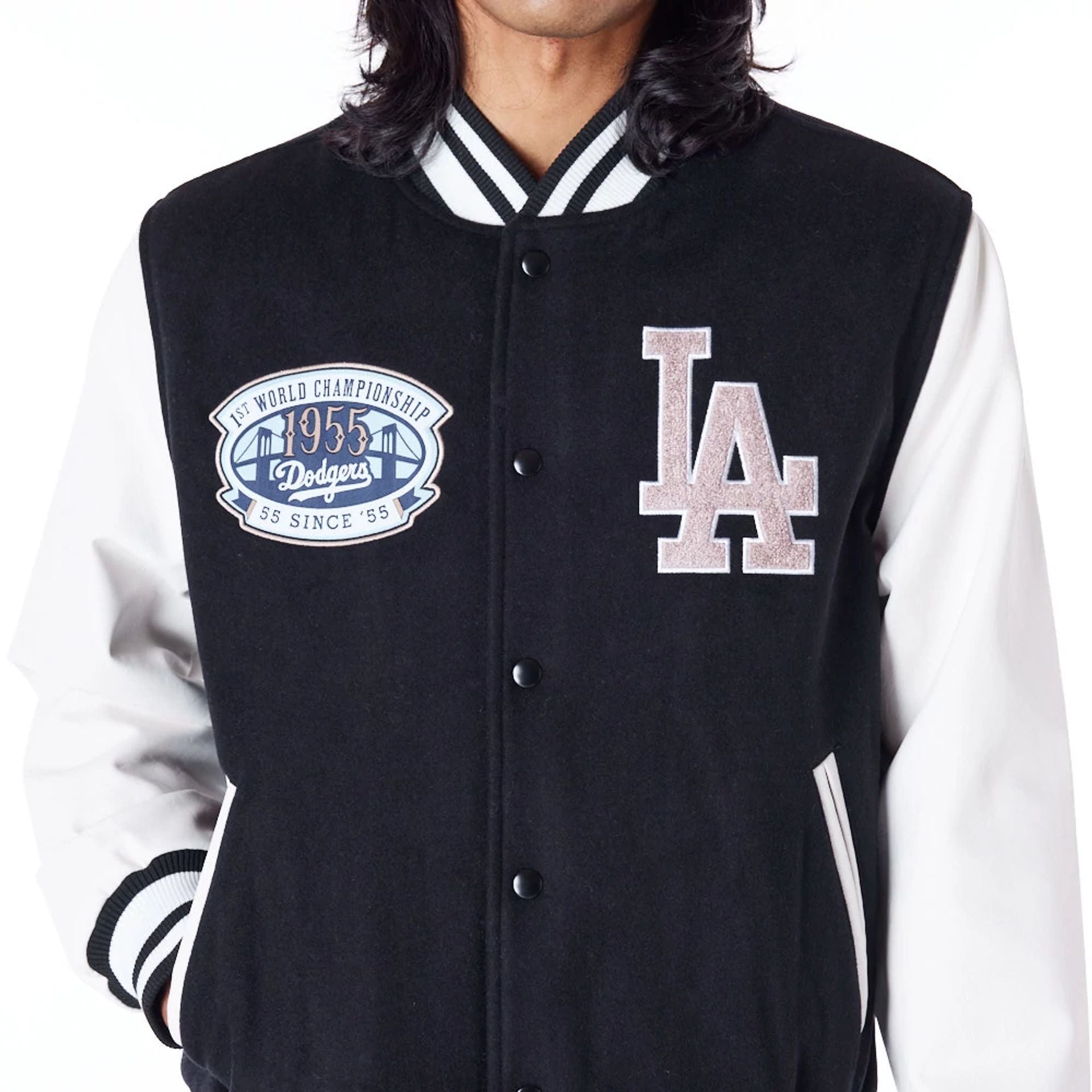 The Male model is wearing LA Dodgers MLB Patch Black Varsity Jacket 9