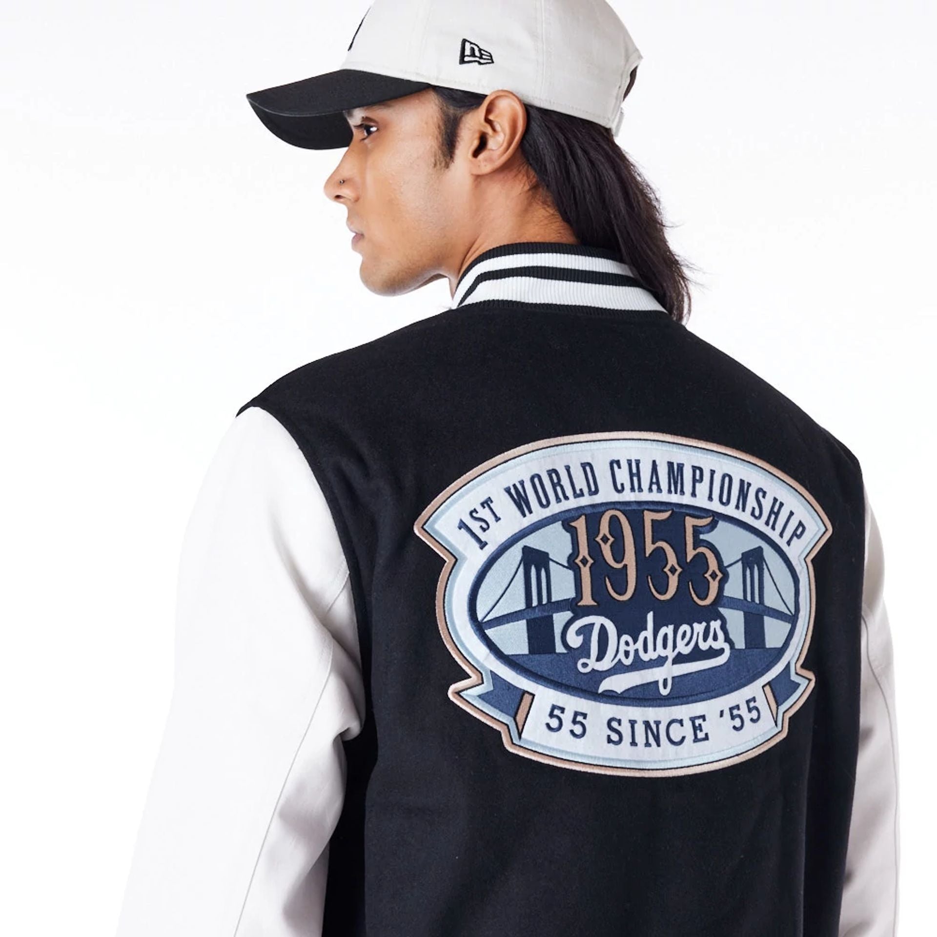 The Male model is wearing LA Dodgers MLB Patch Black Varsity Jacket 6