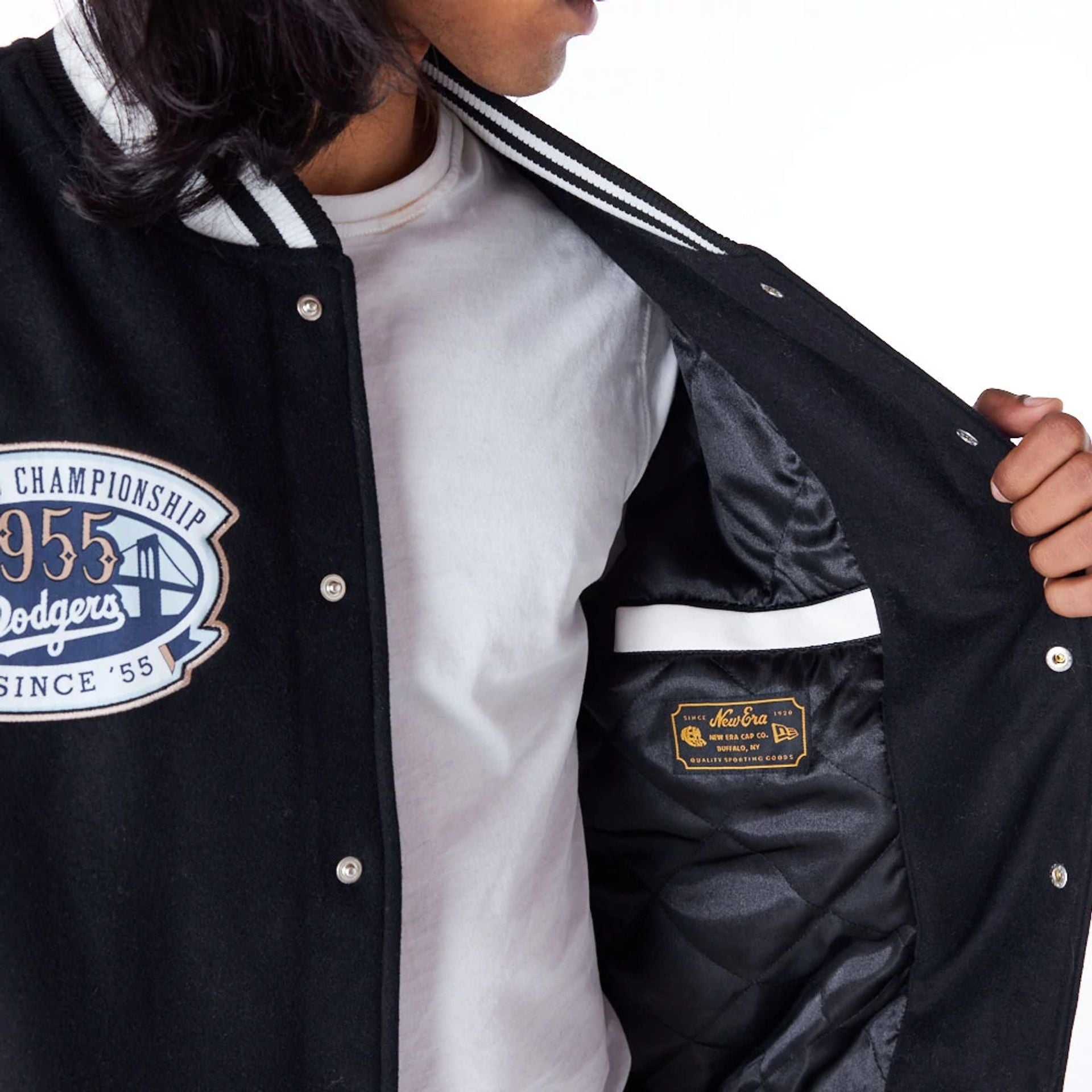 The Male model is wearing LA Dodgers MLB Patch Black Varsity Jacket 7