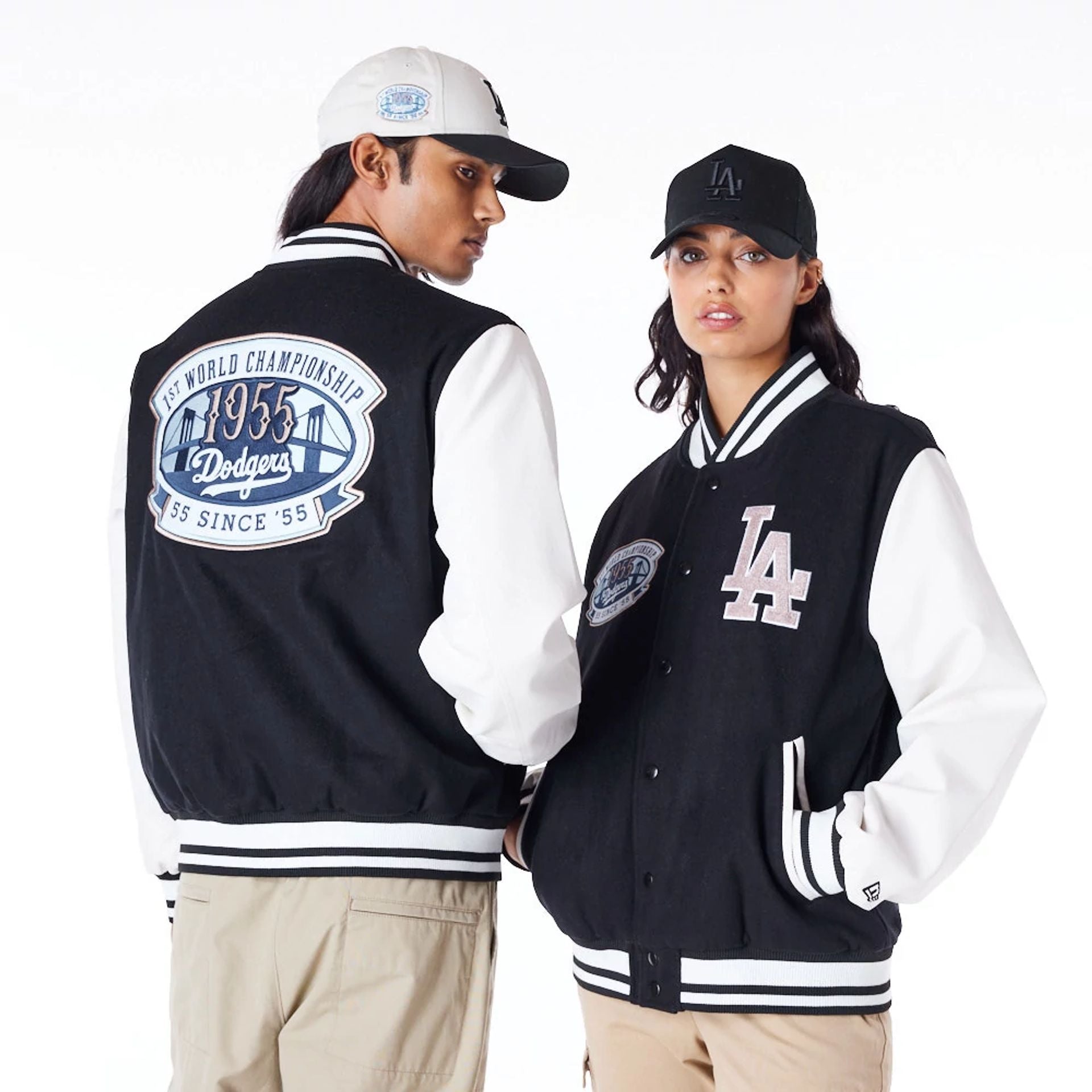 The Male model is wearing LA Dodgers MLB Patch Black Varsity Jacket 1