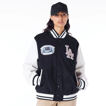 The Male model is wearing LA Dodgers MLB Patch Black Varsity Jacket 4