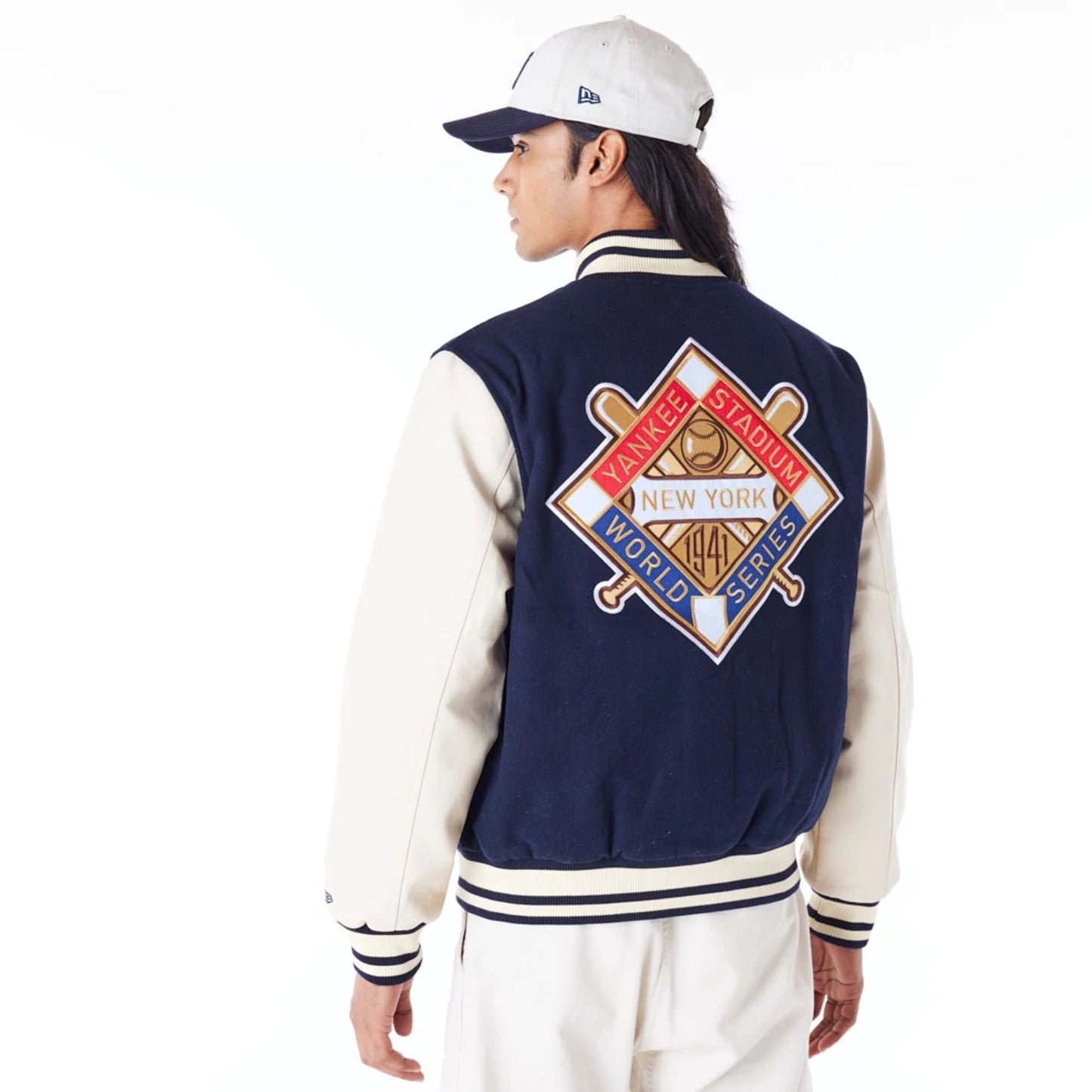 The Male model is wearing New York Yankees MLB Patch Navy Varsity Jacket 8