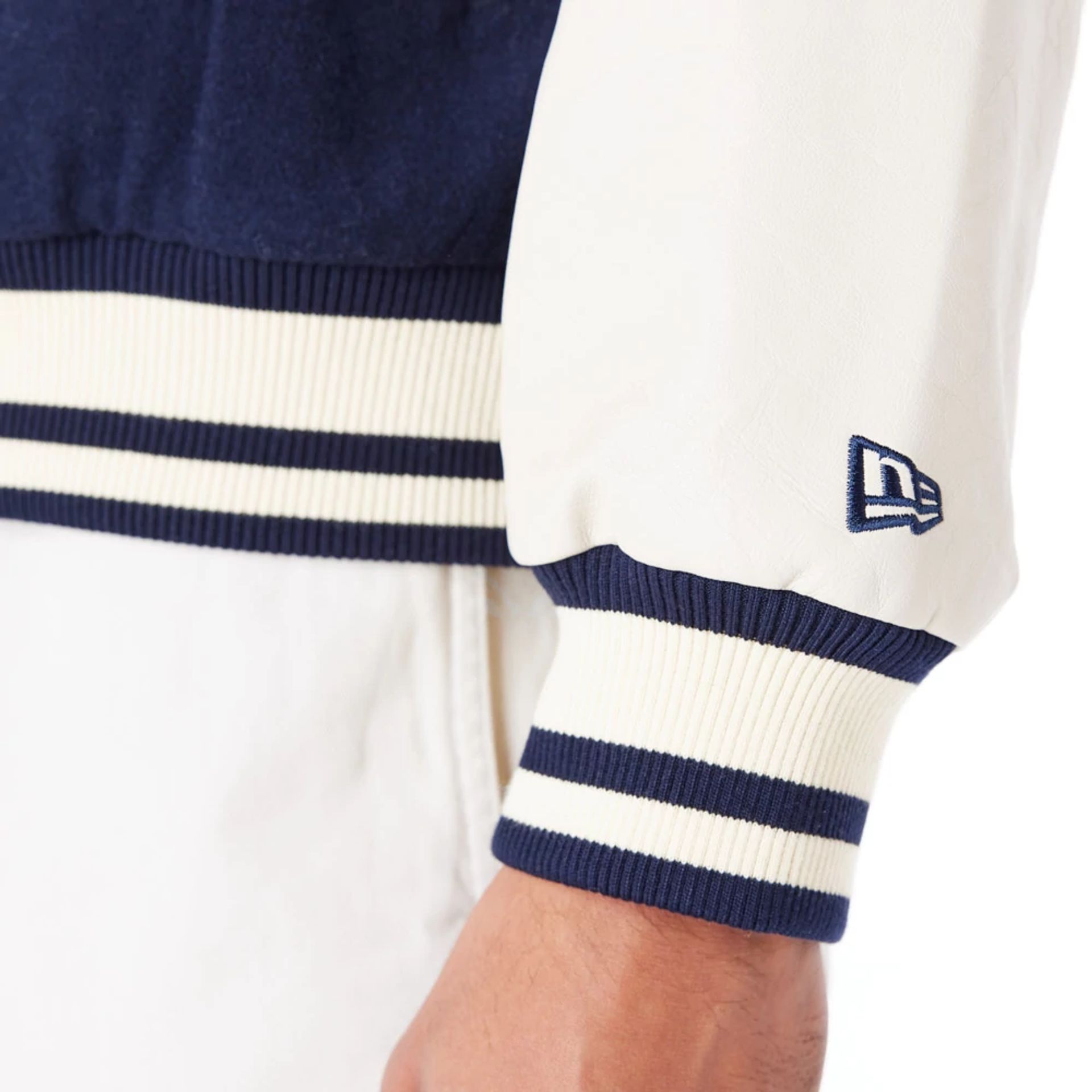 The Male model is wearing New York Yankees MLB Patch Navy Varsity Jacket 6