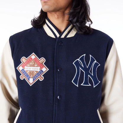 The Male model is wearing New York Yankees MLB Patch Navy Varsity Jacket 7