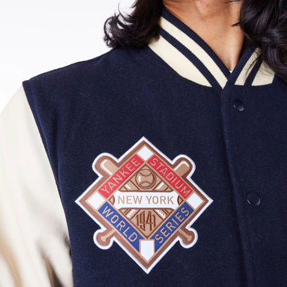 The Male model is wearing New York Yankees MLB Patch Navy Varsity Jacket 5