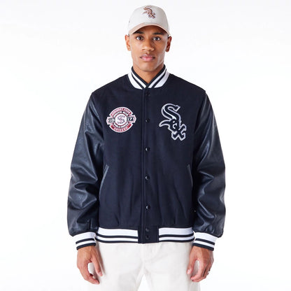 The Male model is wearing Chicago White Sox MLB Patch Black Varsity Jacket 1