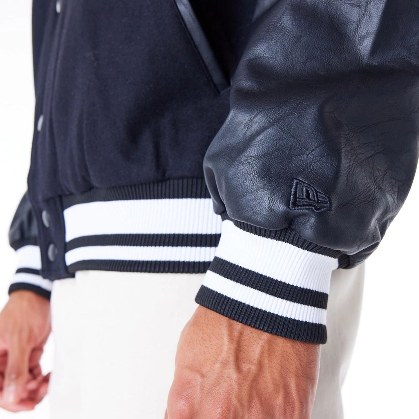 The Male model is wearing Chicago White Sox MLB Patch Black Varsity Jacket 4