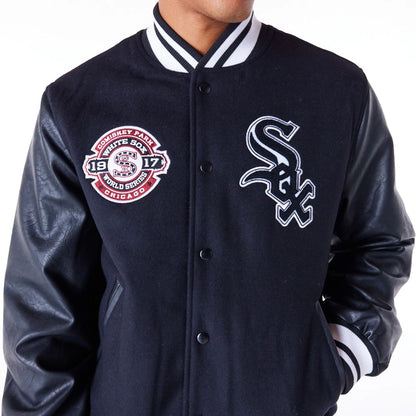 The Male model is wearing Chicago White Sox MLB Patch Black Varsity Jacket 5