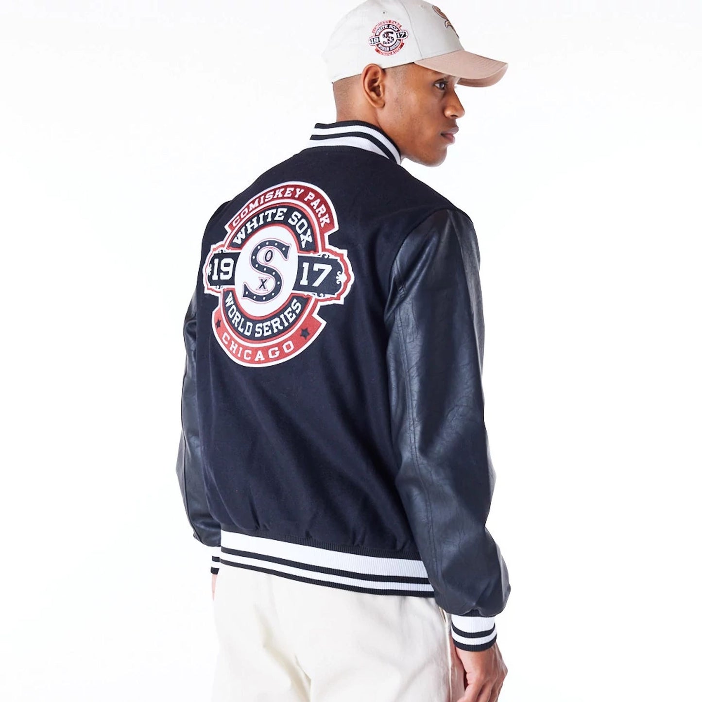 The Male model is wearing Chicago White Sox MLB Patch Black Varsity Jacket 3