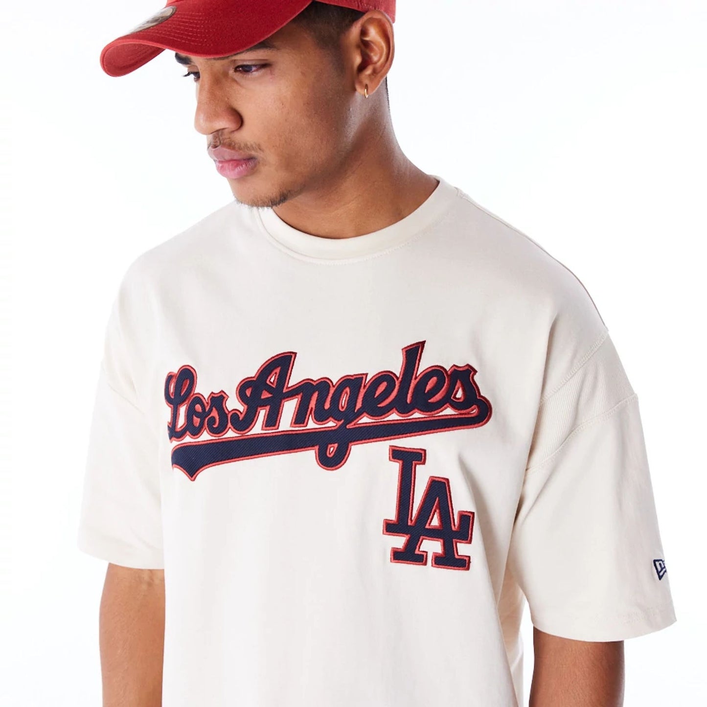 The Male model is wearing LA Dodgers MLB Rib Infill Light Beige Oversized T-Shirt  3