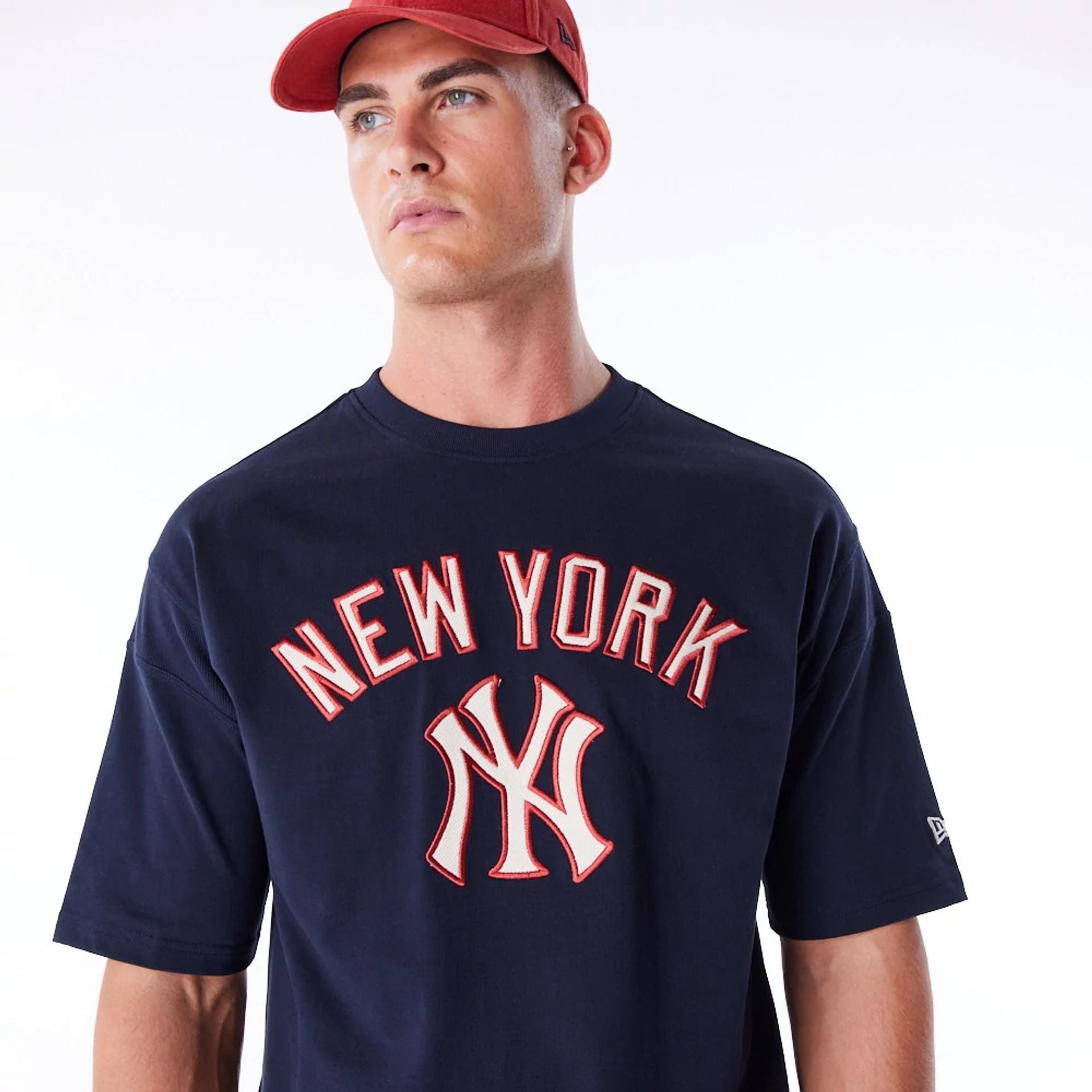 The Male model is wearing New York Yankees MLB Rib Infill Navy Oversized T-Shirt  5