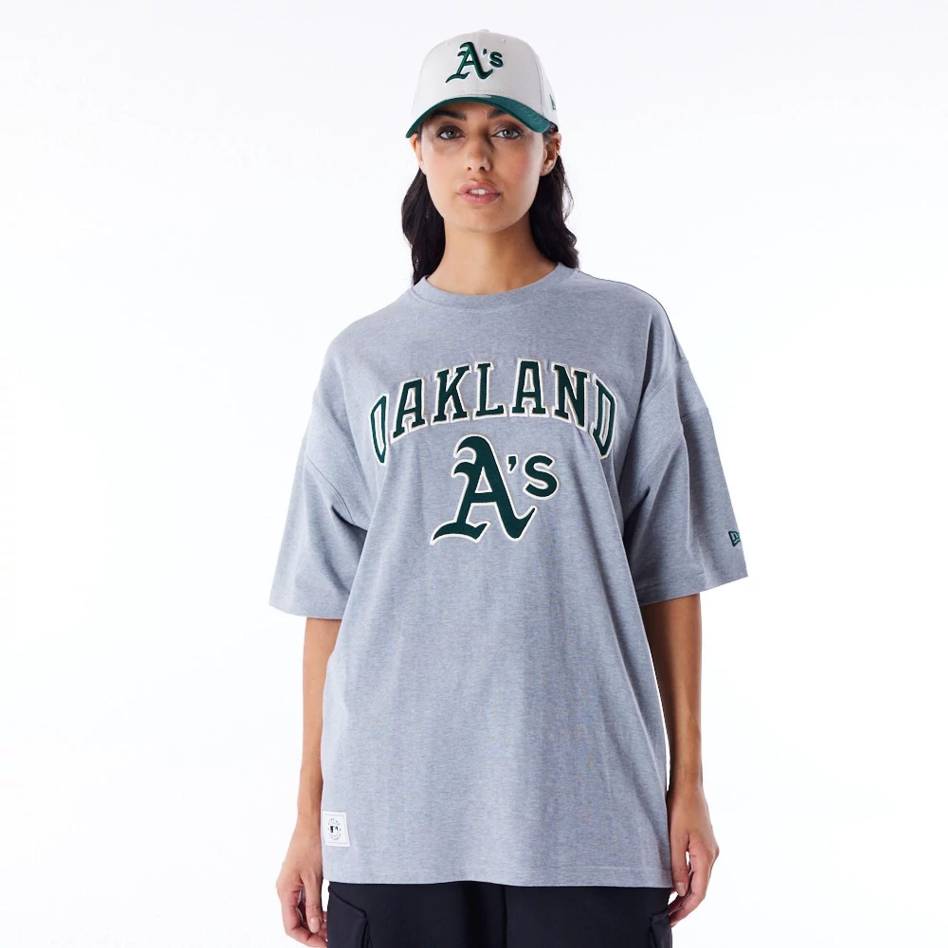 The Male model is wearing Oakland Athletics MLB Rib Infill Grey Oversized T-Shirt  8