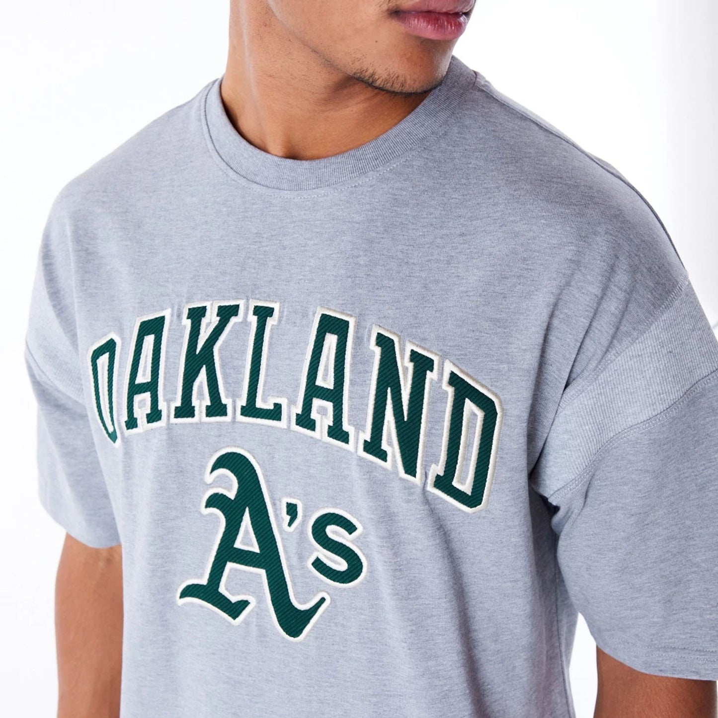 The Male model is wearing Oakland Athletics MLB Rib Infill Grey Oversized T-Shirt  6