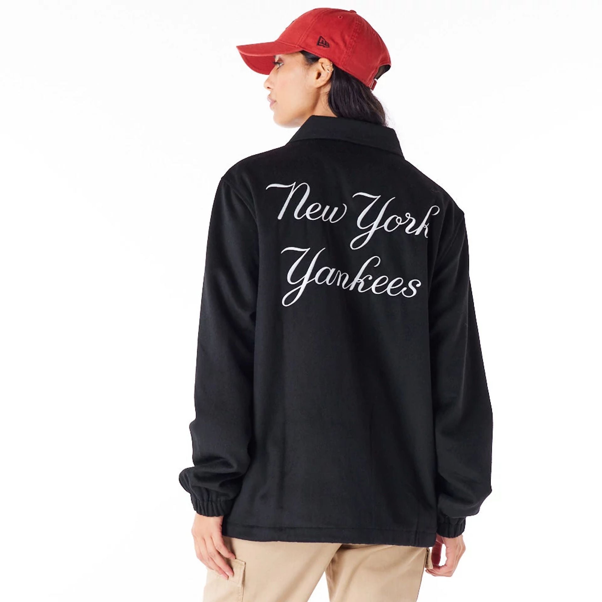 The Male model is wearing New York Yankees MLB Black Wool Coach Jacket 10