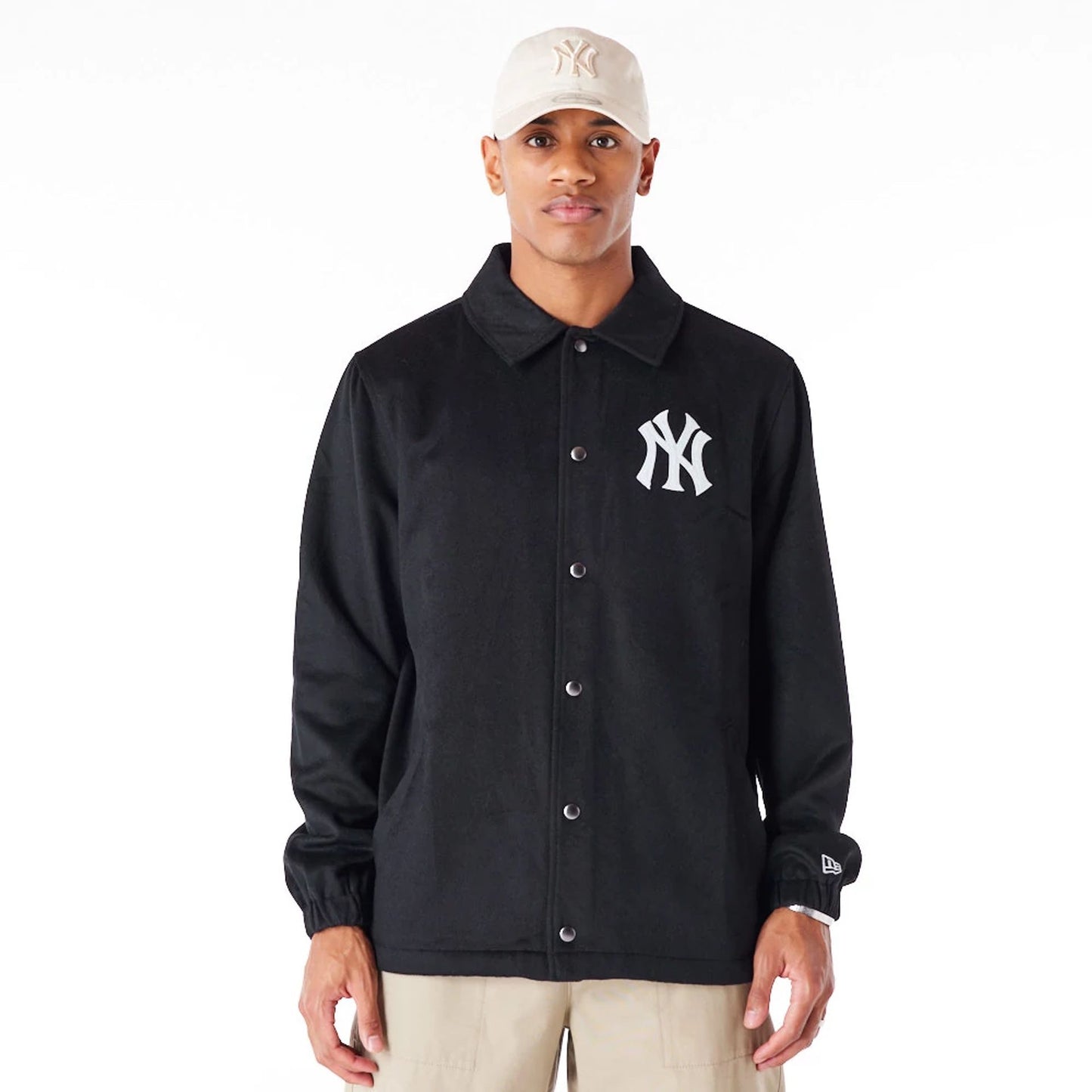 The Male model is wearing New York Yankees MLB Black Wool Coach Jacket 1