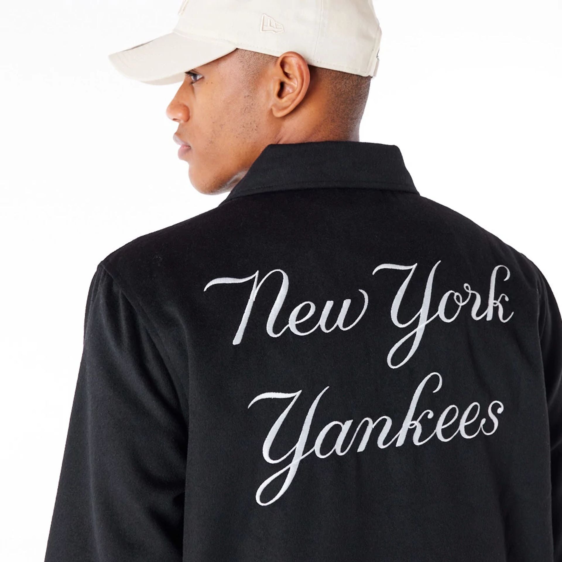 The Male model is wearing New York Yankees MLB Black Wool Coach Jacket 5