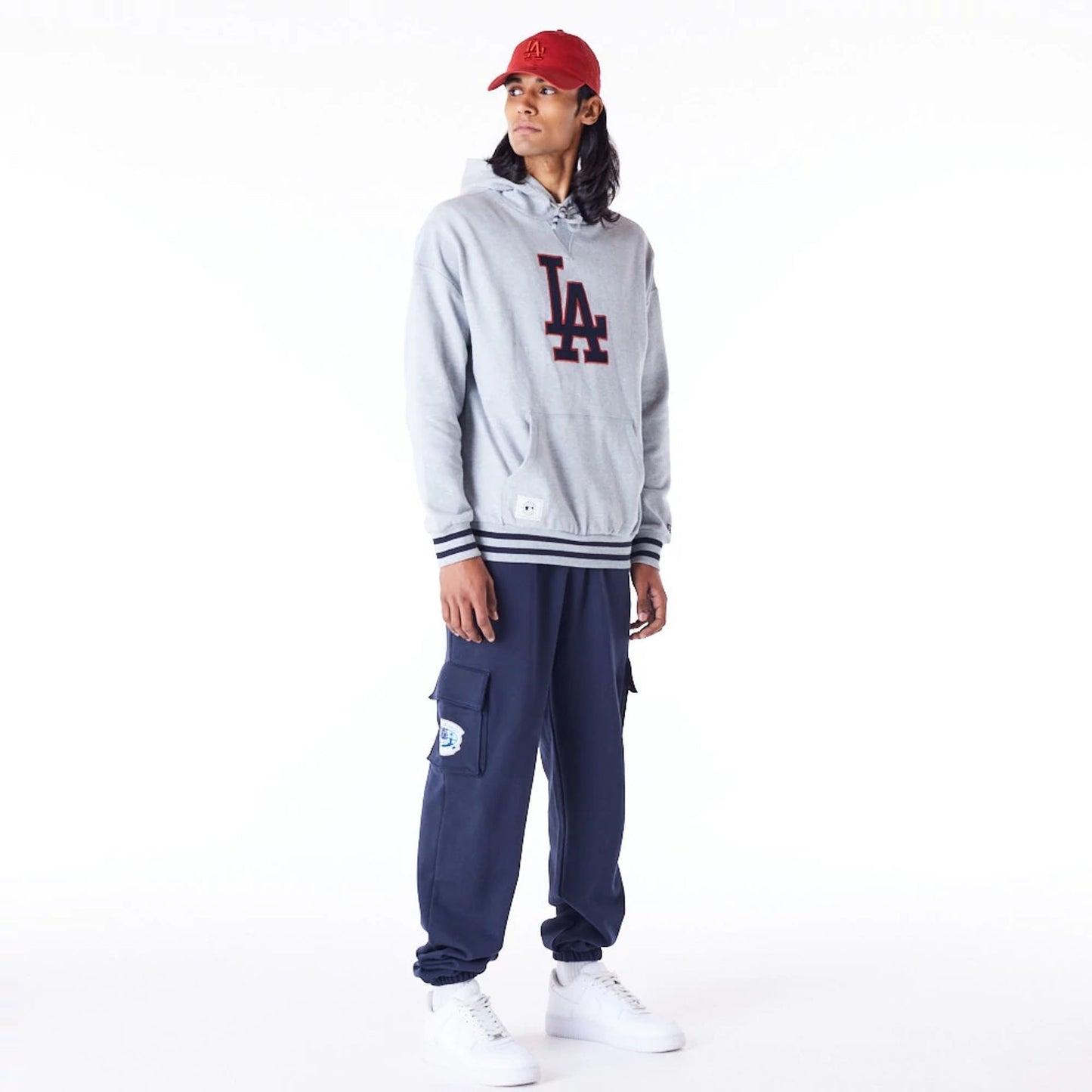 The Male model is wearing LA Dodgers MLB Rib Infill Grey Oversized Pullover Hoodie 5