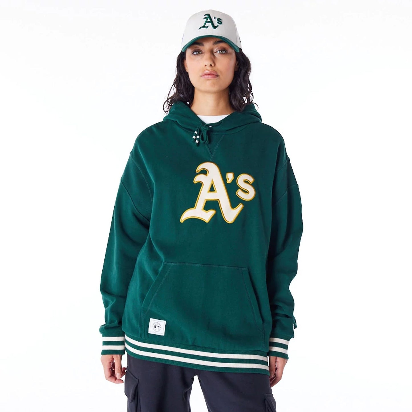 The Male model is wearing Oakland Athletics MLB Rib Infill Dark Green Oversized Pullover Hoodie 6