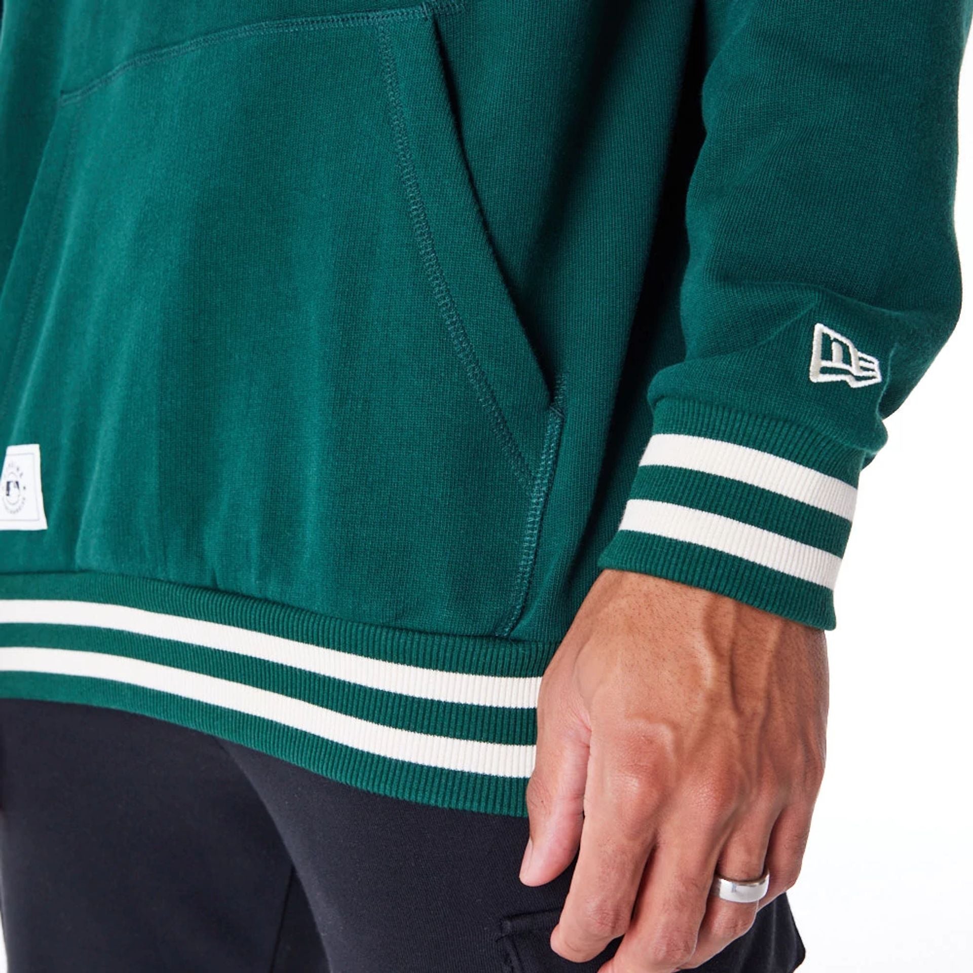 The Male model is wearing Oakland Athletics MLB Rib Infill Dark Green Oversized Pullover Hoodie 8