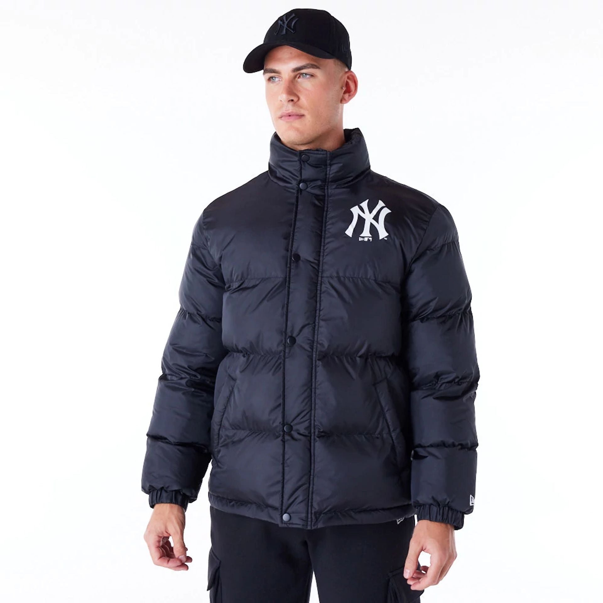 The Male model is wearing New York Yankees MLB Black Nylon Puffer Jacket  1