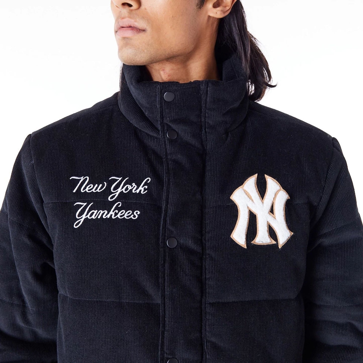 The Male model is wearing New York Yankees MLB Black Cord Puffer Jacket 9