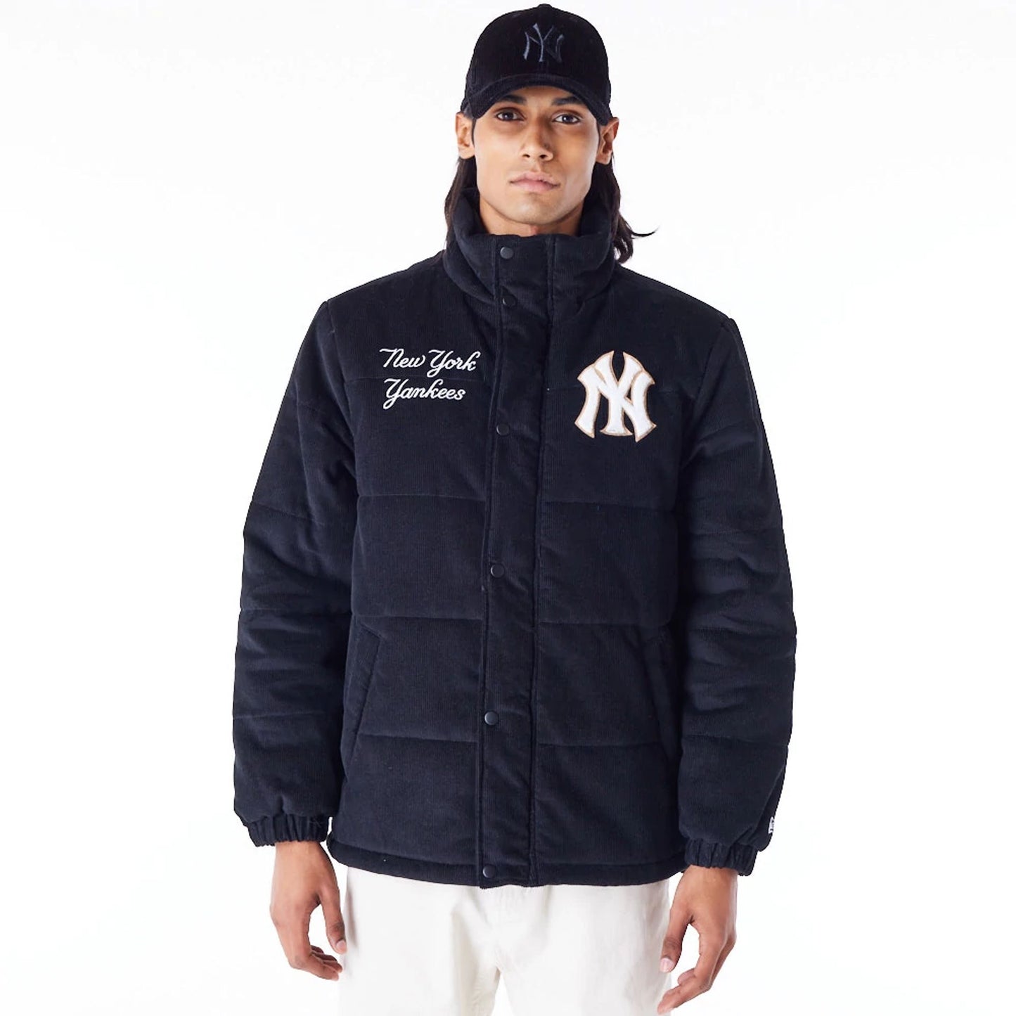 The Male model is wearing New York Yankees MLB Black Cord Puffer Jacket 1