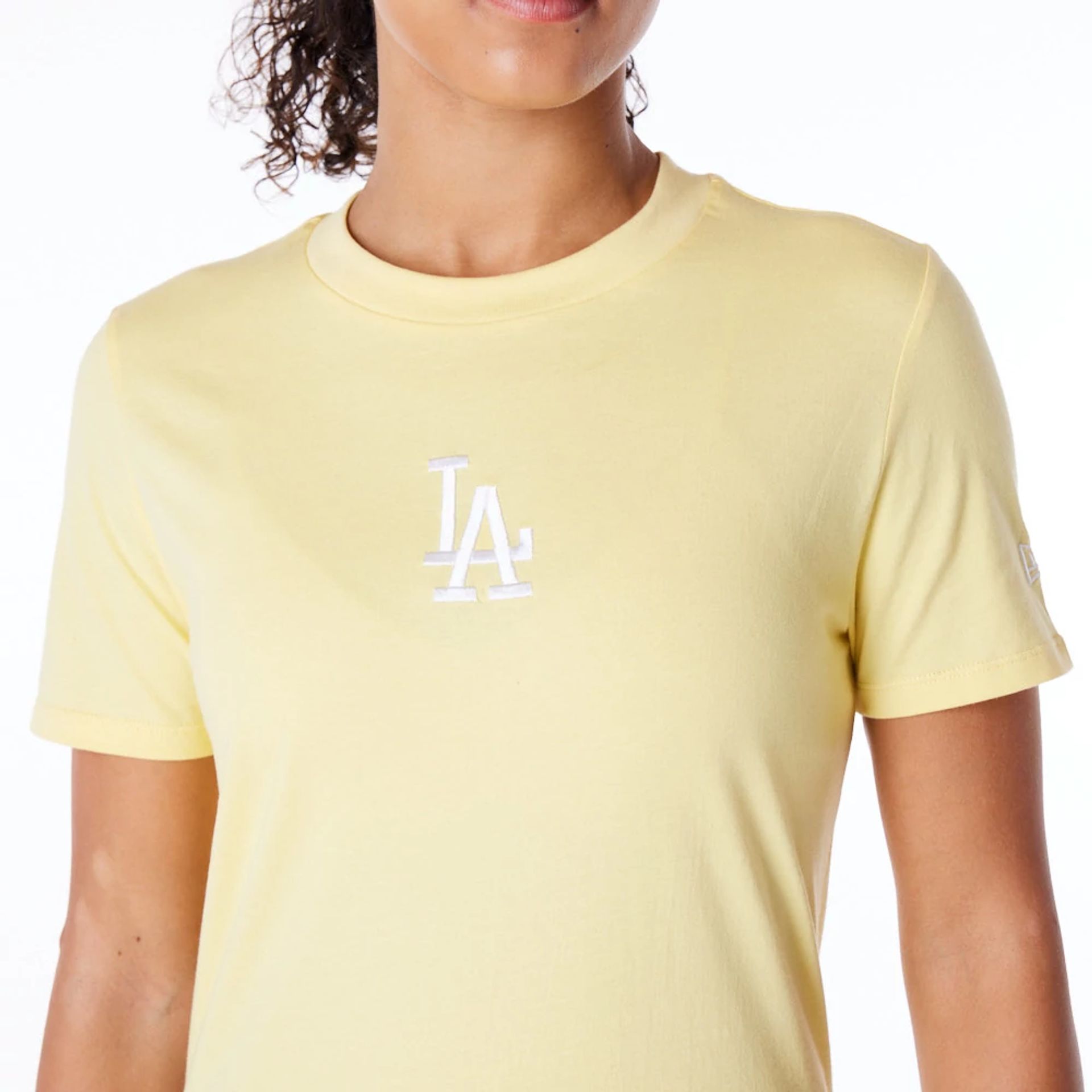 The Female model is wearing LA Dodgers Womens MLB League Essential Pastel Yellow T-Shirt 5