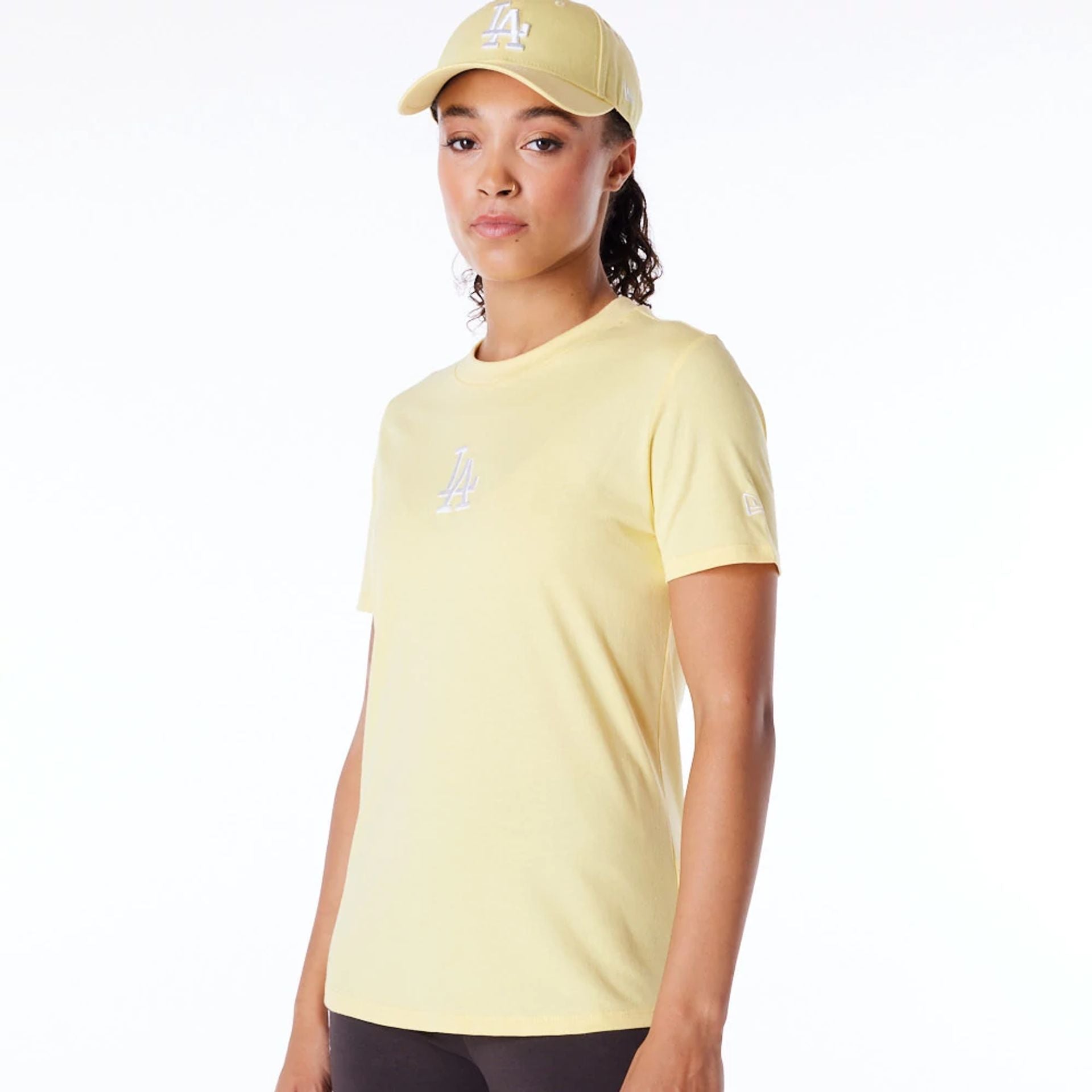 The Female model is wearing LA Dodgers Womens MLB League Essential Pastel Yellow T-Shirt 3