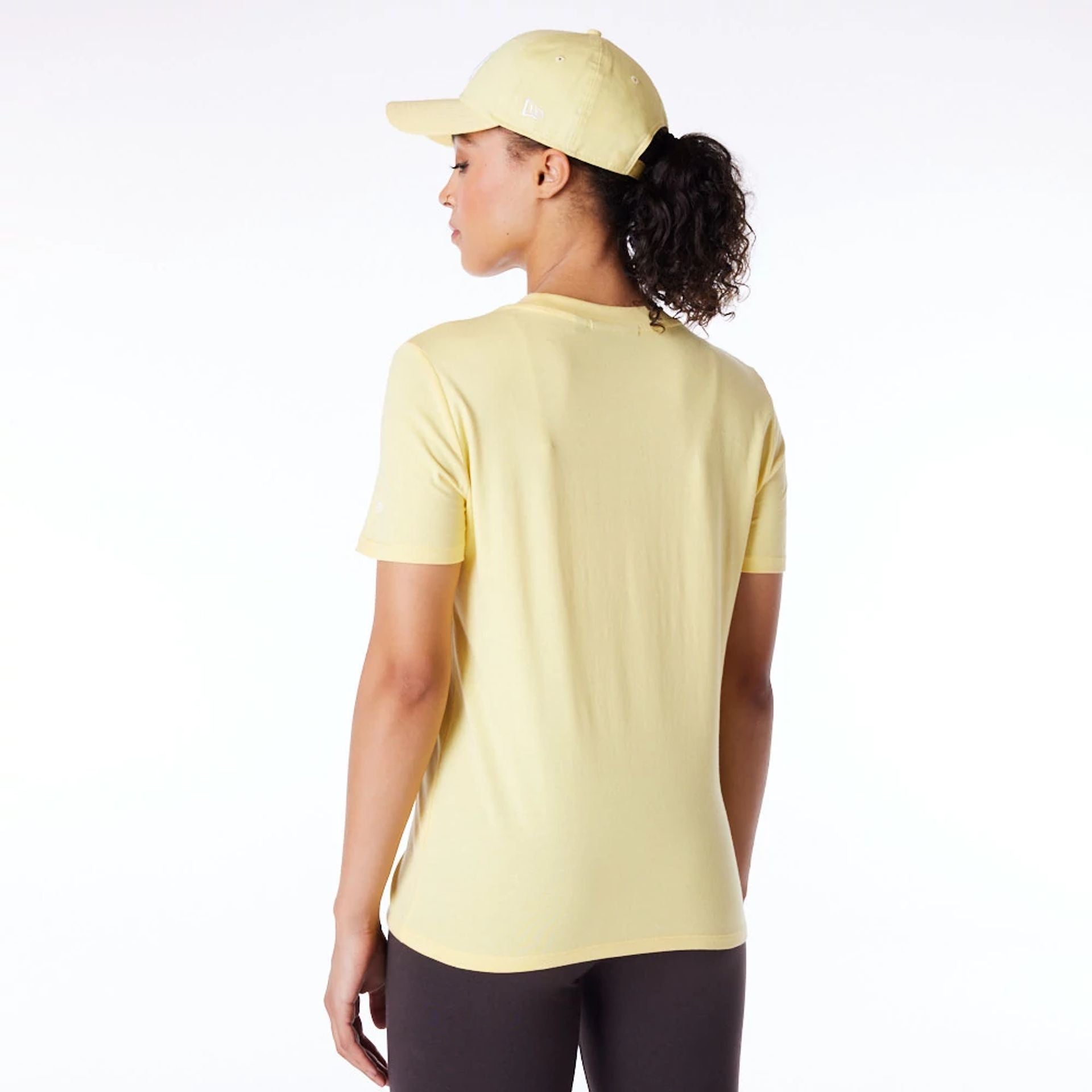 The Female model is wearing LA Dodgers Womens MLB League Essential Pastel Yellow T-Shirt 2